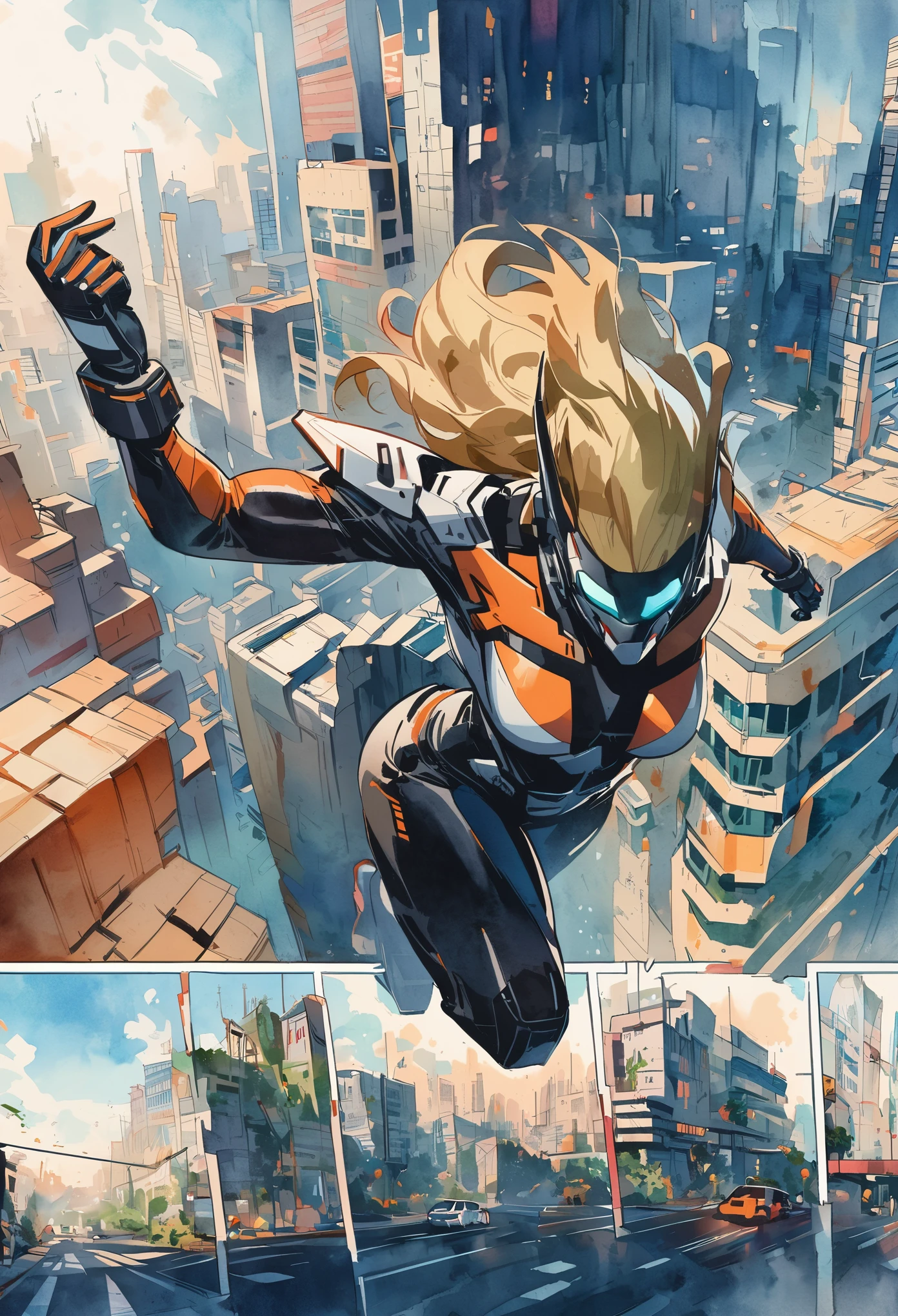 Best Quality, masutepiece, Comic style, 4K, cartoon, Highly detailed, Long blonde woman, cybersuit, Cyberpunk City, Solo, Future, Urban area, (( Watercolor painting )), SPEEDLINE, Concentration line, Science Fiction Manga