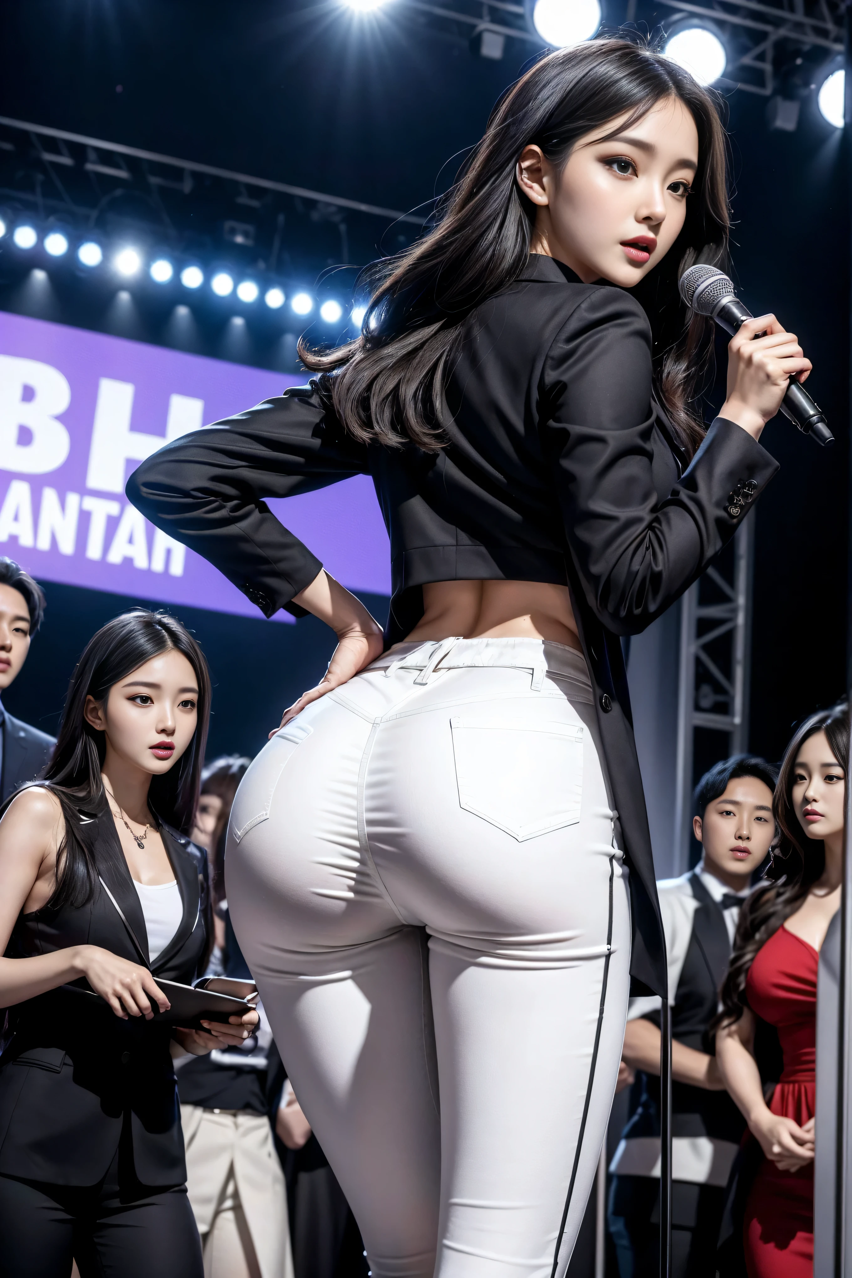 (8k,best quality,masterpiece,practical,super detailed:1.3),(1 girl,beautiful korean girl, kpop idol),(black suit jacket:1.2),(White skinny trousers:1.erious expression:1.2)discuss,(speech,handheld microphone:1.2)(crowd,audience:1.3),Seong legs, (thigh gap:1.5),wide hips,S-shaped body, Buttocks black hair,(ass focus:1.1)shorom behind