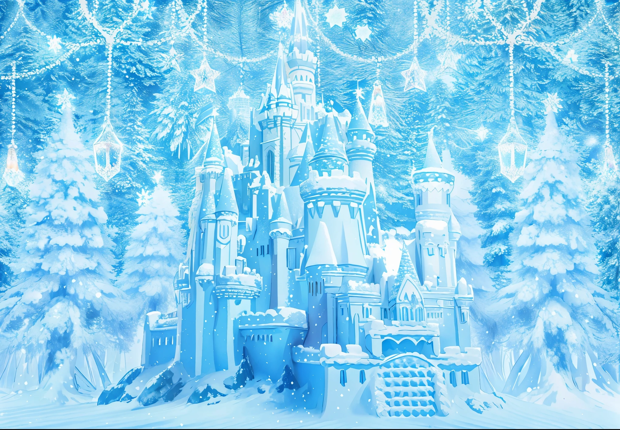 There is a castle in the middle of the snowy forest, Fairy tale style background, Disneyland Castle in the background, winter scene fantasy, castle background, kingdom of light background, magic castle, Magical fairy tale background, Fantasy castle, Icicle background, dark pastel castle background, magical background, palace background, medieval castle background, disneyland background, ice cold, Surreal frozen landscape