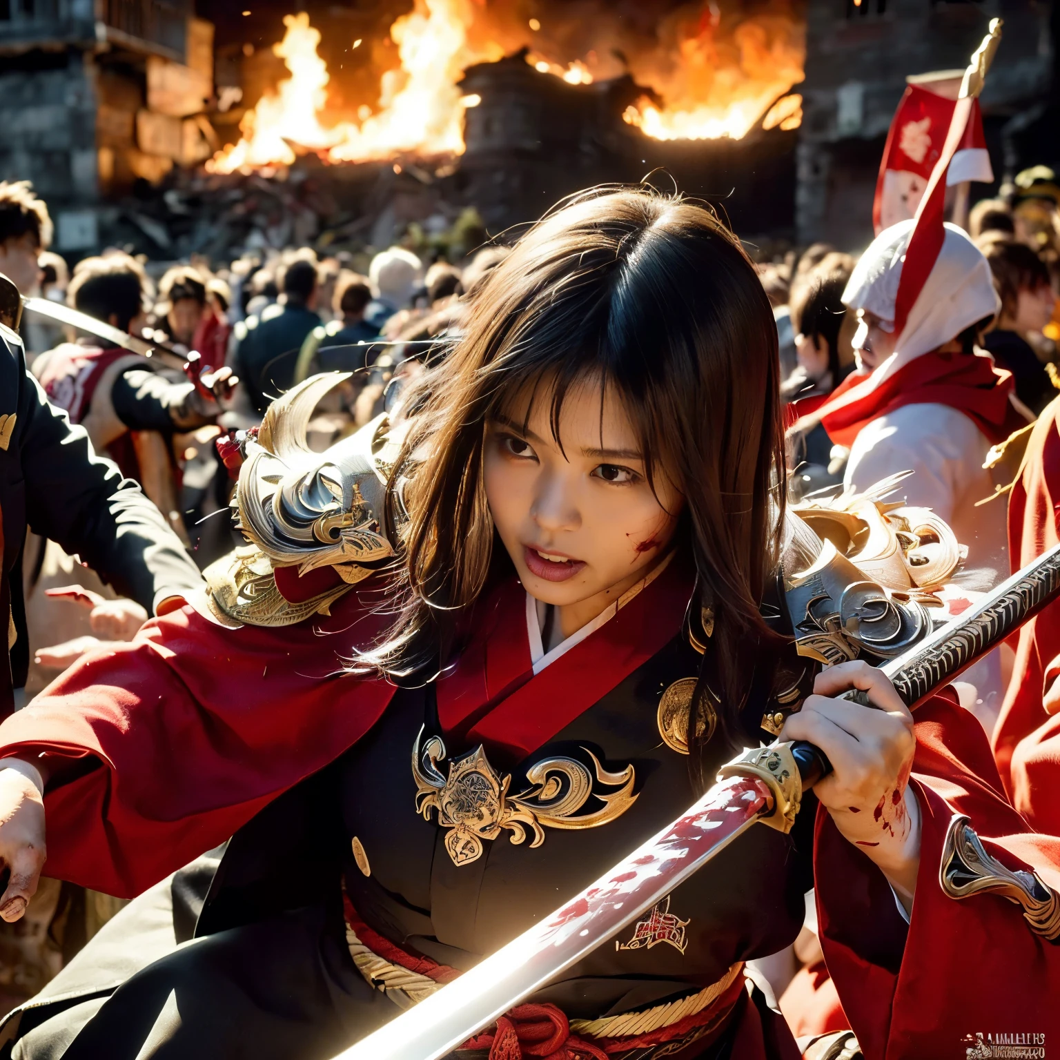 (((Realistic, masterpiece, best quality, crisp detail, high definition, high detail, rich detail, sharp focus, perfect studio lightning))), 20 years old assassin,((( in the middle of a war, kasumi arimura, attack stance, holding katana))), wearing (((fully decorated golden armor, armored kimono, blood scattered face, blood tears, blood bath, blood shed))), (((fire everywhere, blood everywhere, death everywhere, japan bakumatsu period, dead bodies,carcass,burned japanese castle,hellish,chaos)) traditional village background)