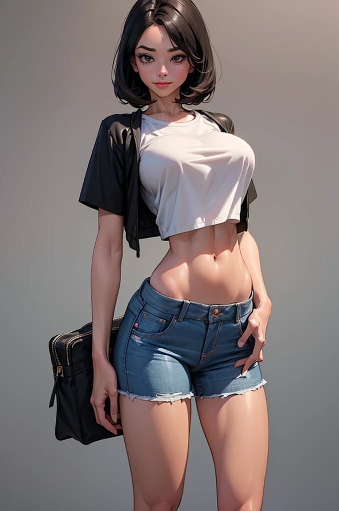 18 year old girl, big breasts, white t-shirt, exposed navel, short jeans, sneakers, Caucasian, black hair, black eyes, round face, defined eyes, defined hands, hands with 5 fingers, sweet look, slight smile, wide shot, 16k, best quality, highres, high quality, super detail, anatomically correct, ccurate