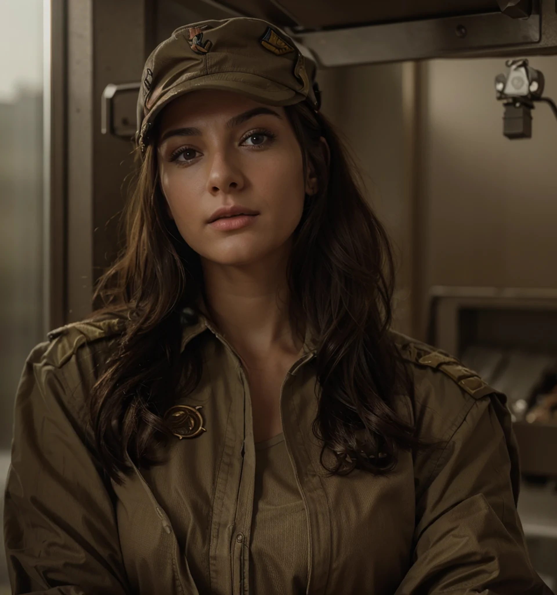 beautiful woman soldier, face of a beautiful stereotypical Ukrainian woman, very serious expression, long brown hair, beautiful thick lips, tanned skin, muscular body, brown Soviet style military cap, military overalls with semi-open closure with brown communist symbols and red details , below overalls wears a red shirt with a wide neckline, he is in a concrete military bunker, ultra Realistic, ultra detailed, hyper Realistic, 4k, ultra detailed image, Realistic, highly detailed, perfect composition, beautiful, Intricately detailed, incredibly detailed, 8 k artistic photography, hyper detailed, ultra Realistic masterpiece, ultra detailed, hyper Realistic, 4k, ultra detailed image, Realistic, highly detailed, perfect composition, beautiful, Intricately detailed, incredibly detailed, 8 k artistic photography, hyper detailed, masterpiece