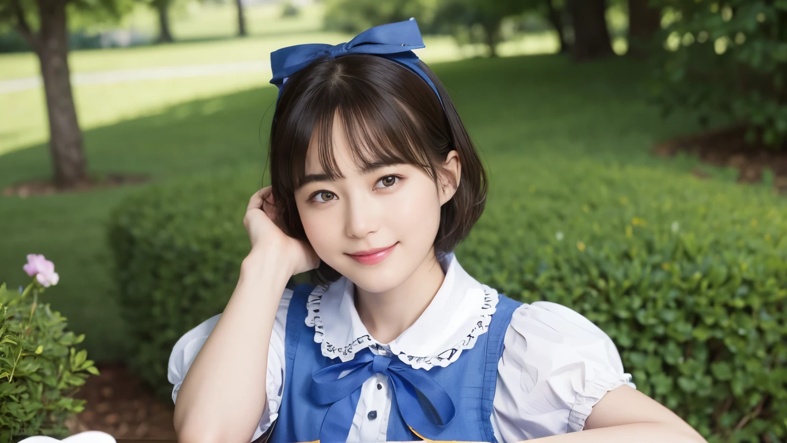 188 (alice in wonderland), (wears a big ribbon on his head), short hair, young woman, gentle smile