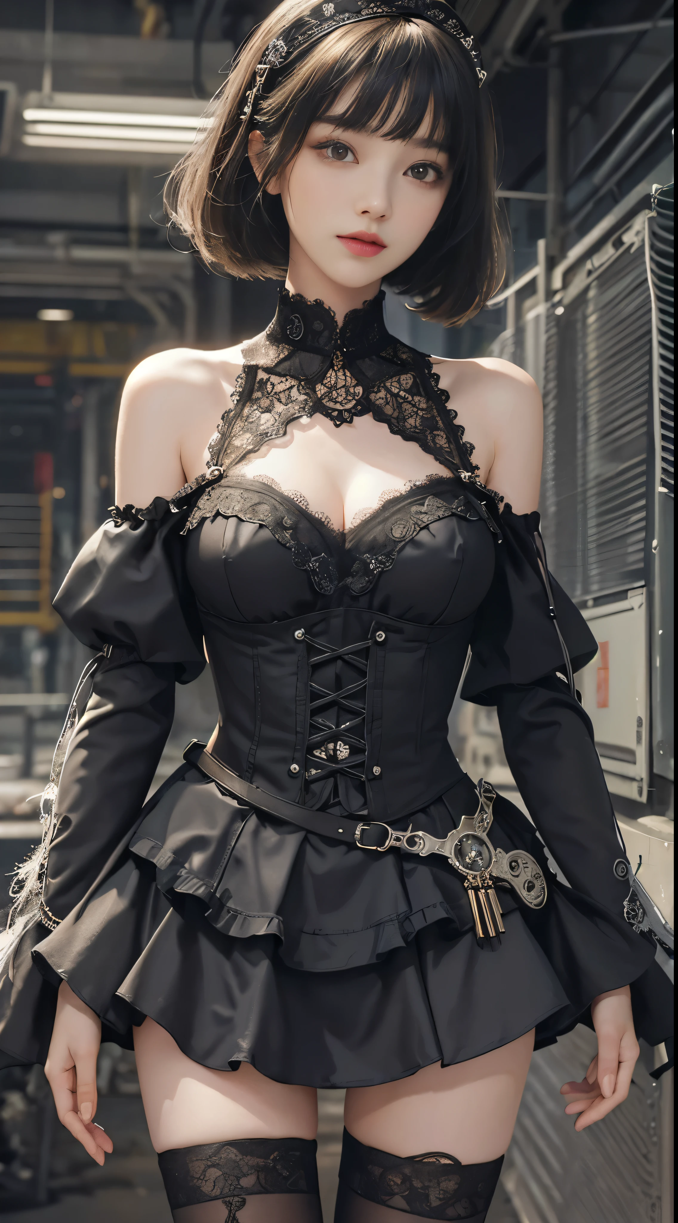 (((masterpiece, highest quality, Super detailed))), 1 female, (((very thin body))) , (((length, thin legs))), (((black short bob, thick fluffy bangs ))), (((highly detailed face))), No cosmetics, small and thin nose, thin mouth with small lips, (((Very sharp focused eyes))), Precise pale gray eyes with large slits, shine like a jewel, length eyelashes, ((Highly decorative intricate mechanical steampunk fashion, Lace Flare Mini Skirt, above the knee lace stockings, Lace Off Shoulder Lolita Fashion, Overly decorative fashion)), Abandoned Night, Complex mechanized steampunk factory catches fire and explodes, (((Overall accuracy has been dramatically improved, creating a Super detailed and realistic image))),  super realistic photos, women working in factories