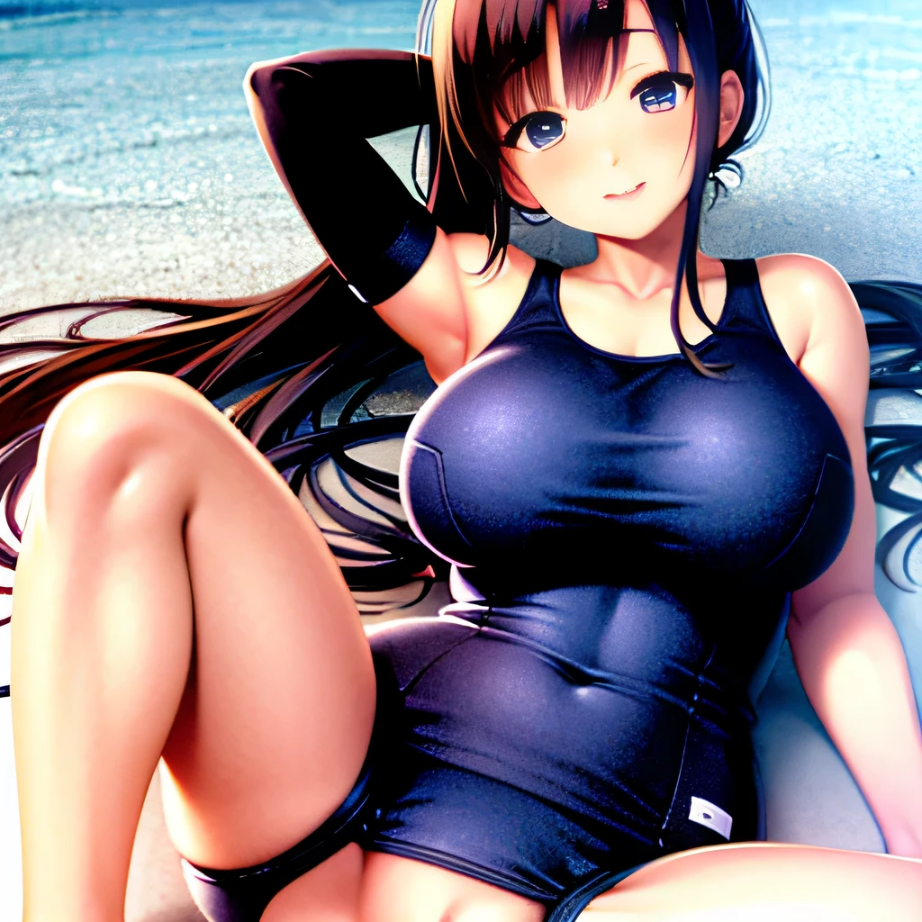 ((wear school swimsuit)), ponytail, japanese girl, 8K, ((full body shot)), huge breasts、highest quality, masterpiece, realistic, Photorealistic super detail, one girl, cute, best smile, beautiful eyes, long hair, perfect face,full body shot
