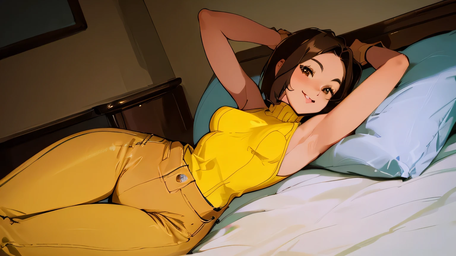 (Best quality, dynamic lighting, highly detailed) Brown haired young woman, mature, beautiful, bob hair, brown eyes, slim, medium-small breasts, yellow sleeveless knitted turtleneck, high waisted blue denim pants, laying down on the bed, smiling, arms up.