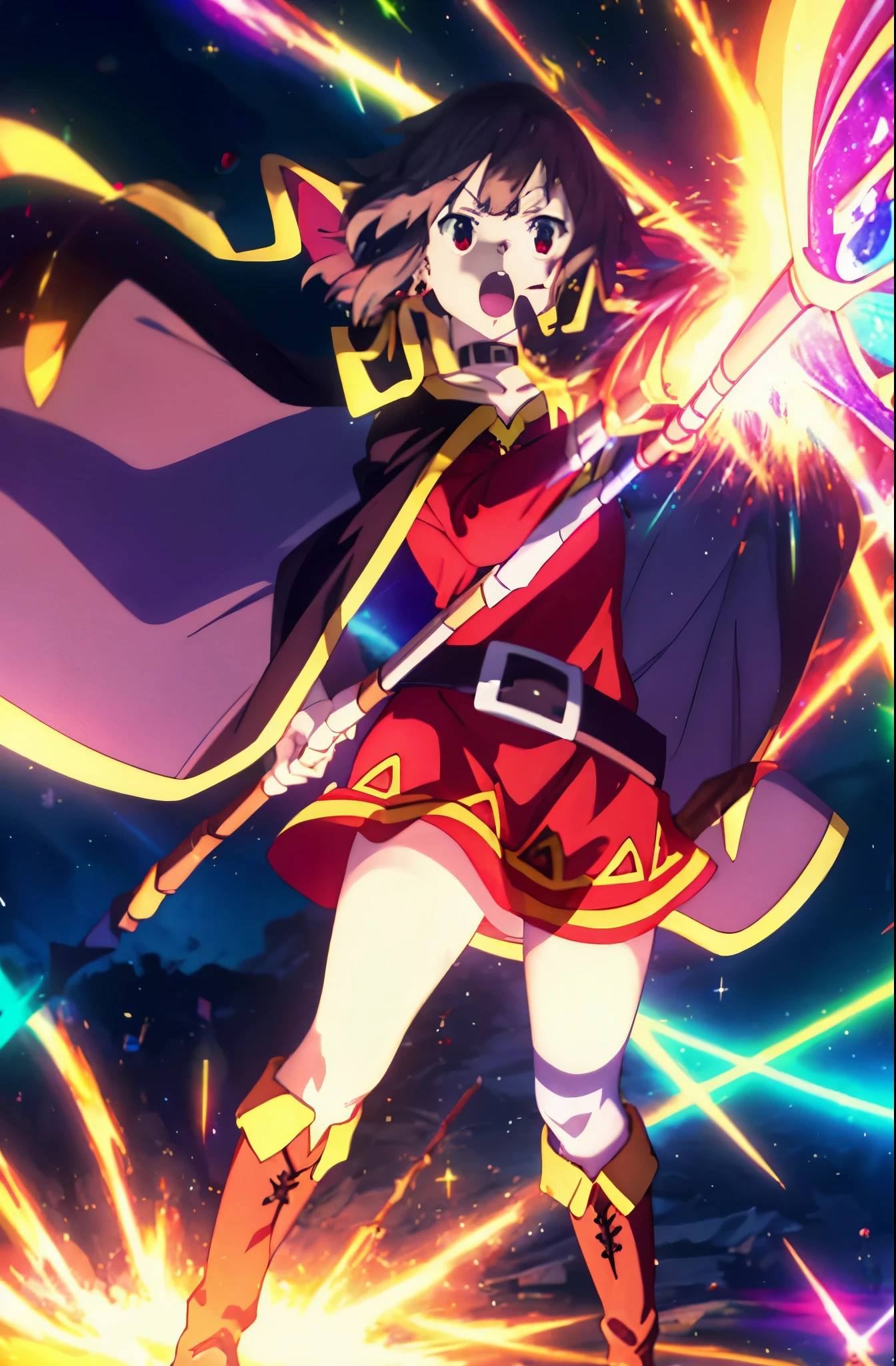 casting magic, magic, staff, holding staff, explosion, full body, have, holding, open your mouth, Are standing, boots, cape,Megumin, Megumindef