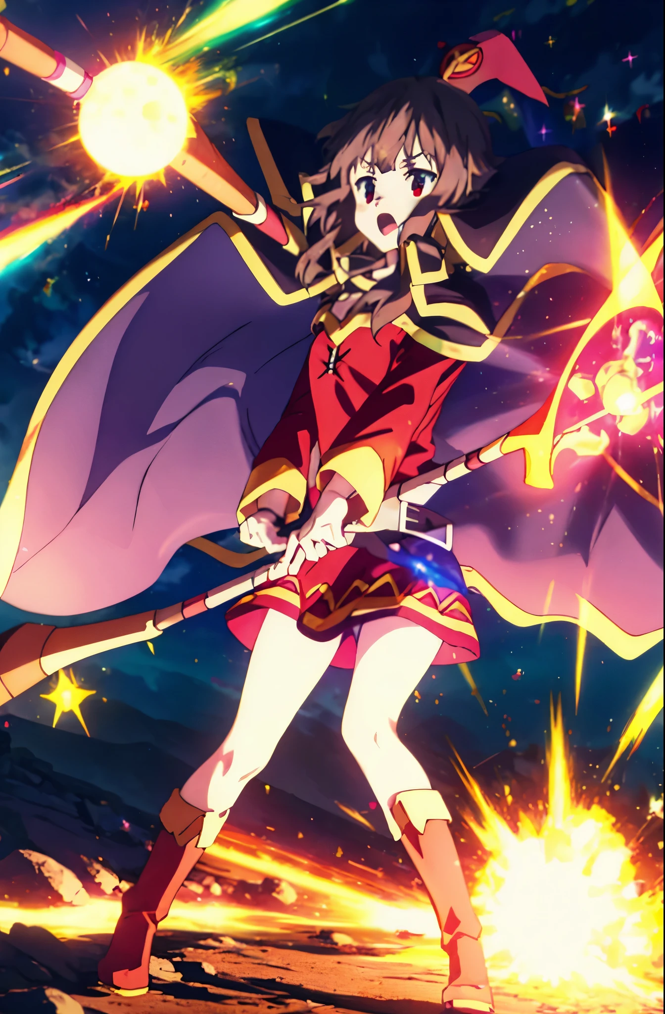 casting magic, magic, staff, holding staff, explosion, full body, have, holding, open your mouth, Are standing, boots, cape,Megumin, Megumindef