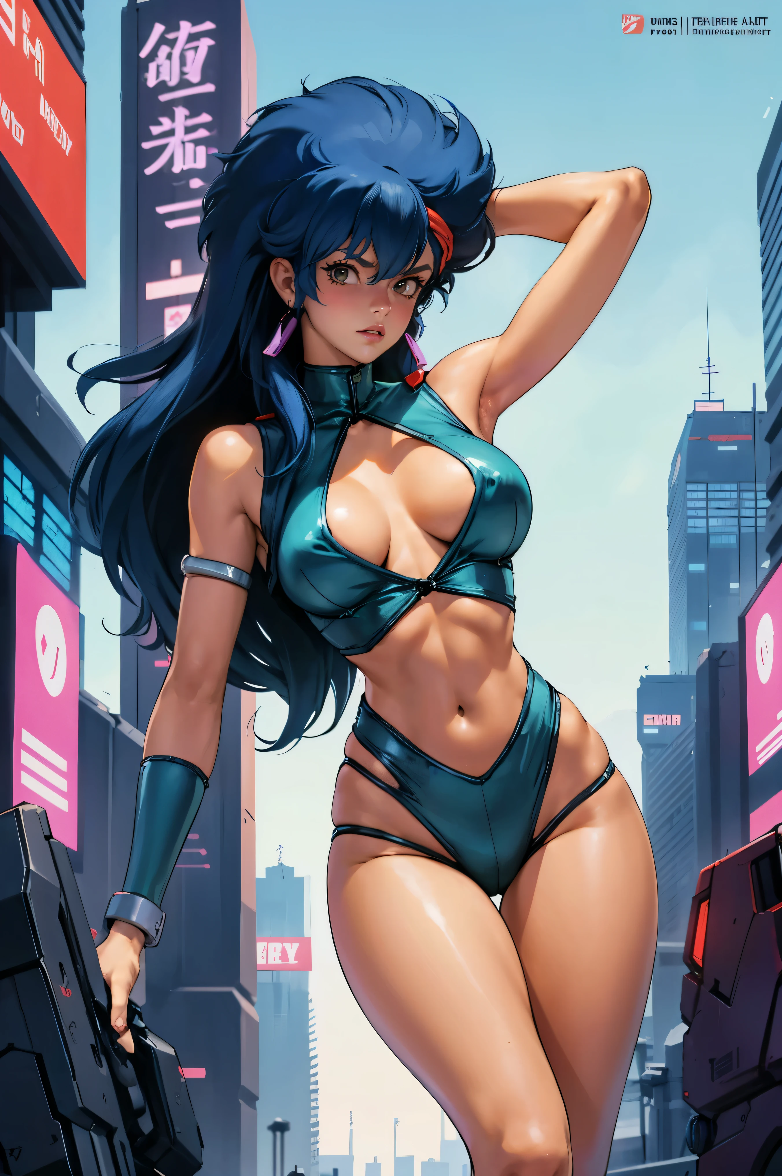 Yuri from The Dirty Pair, , wearing a tight outfit, skimpy, medium breast, long hair, dark blue hair, beauty, cyberpunk city background, holding retro space-gun, slim waist, slim thighs, thigh gap