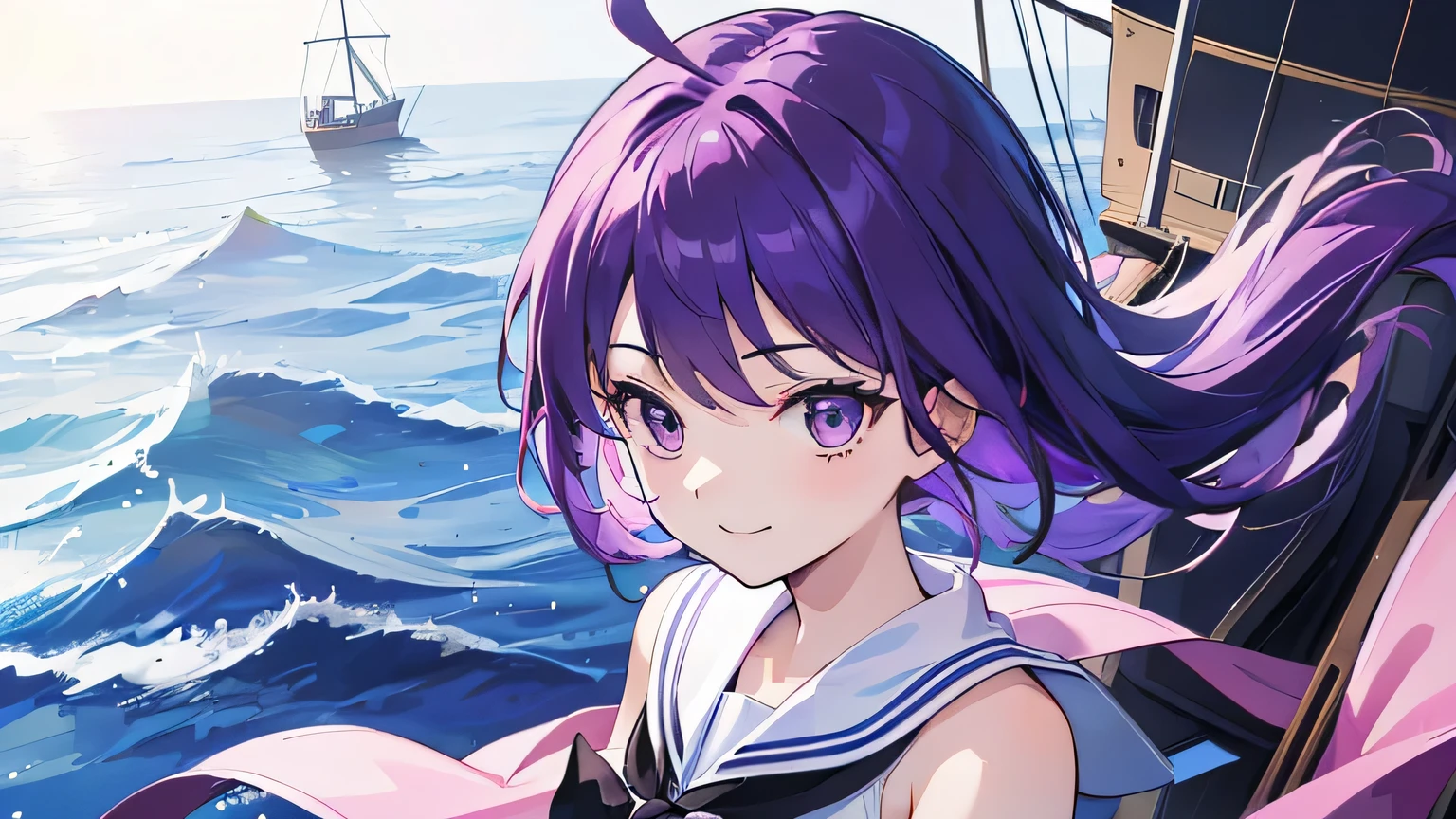 (T Masterpiece,4k wallpaper,best quality))、((girl1people))、(solo)、Shining and vivid,(purple hair)、(shortcut:1.3)、smile、naval battle、sailor、battleship
