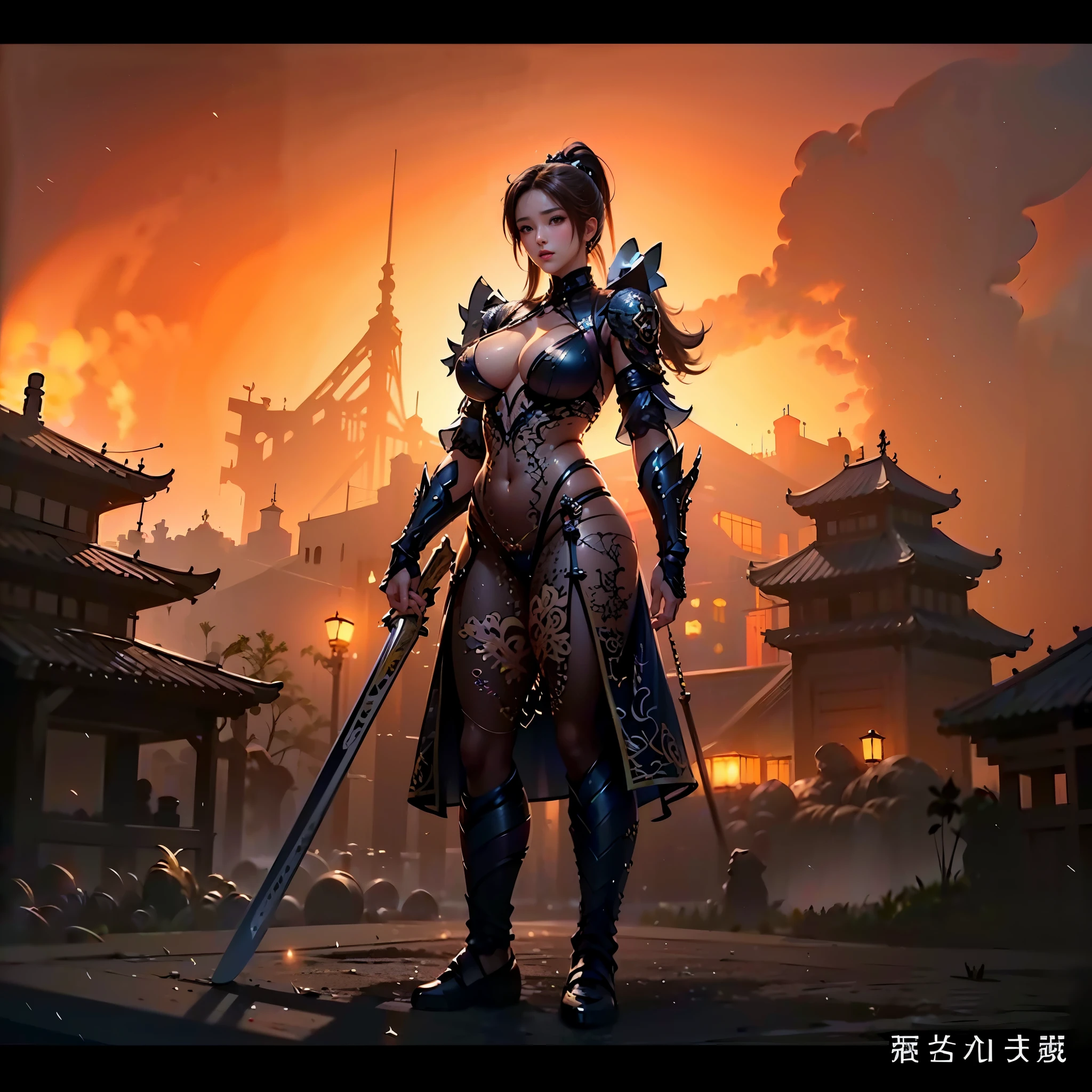 Close-up of a girl holding a long sword((8k+ultra high resolution+ultra high definition+masterpiece+Very detailed+Award-winning+The award-winning)),(perfect face+supermodel+Delicate skin+high ponytail+huge breasts),[[[muscle]]],(((anatomically correct))) ,