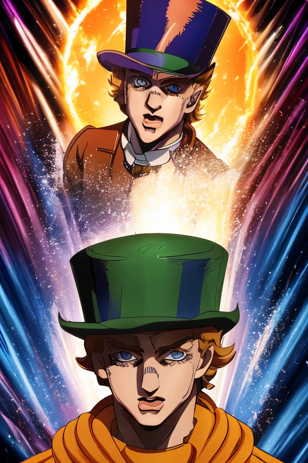 mostly shirtless, orange outfitted redheaded high-schooler in a bright orange top hat, willy-wonka-core, in Yellowstone national park, is a young gene wilder in jojo art style