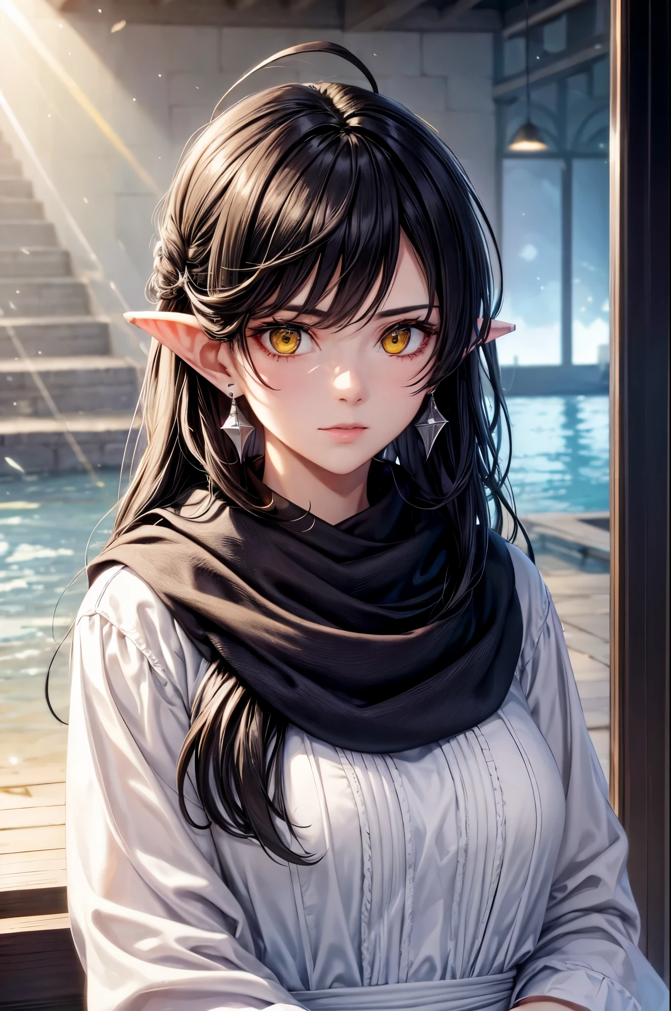 black hair, messy hair, side swept bangs, hair scarf, yellow eyes, ringed eyes, colored eyelashes, pointy ears, long pointy ears, earrings, wide shot, lens flare, anime style, chiaroscuro, depth of field, god rays, UHD, high details, best quality, highres, 4K, award winning, high quality, textured skin, super detail, masterpiece, simple medieval clothes,
