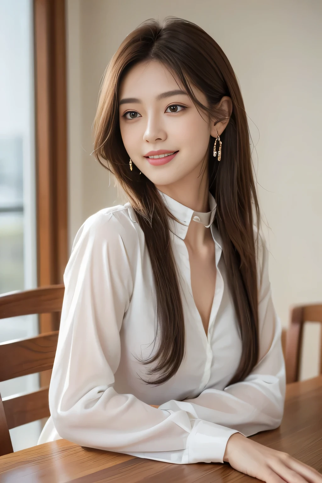 ((highest quality, 8K, table top: 1.3)), sharp: 1.2, perfect body beauty: 1.4, slim abs: 1.2, ((light brown long hairstyle,medium breasts: 1.2)), cleavage, (pale white long shirt: 1.1), Highly detailed face and skin texture, fine eyes, double eyelid, View from the side looking at the camera, innocent, (Excited: 1.3)、cute smile、big earrings、No sleeve、See-through shirt with collar、long hair、hair swaying in the wind、