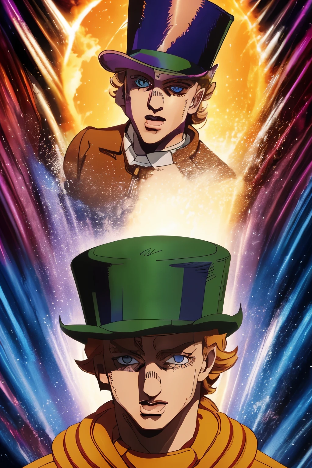 mostly shirtless, orange outfitted redheaded high-schooler in a bright orange top hat, willy-wonka-core, in Yellowstone national park, is a young gene wilder in jojo art style, hat is bright orange