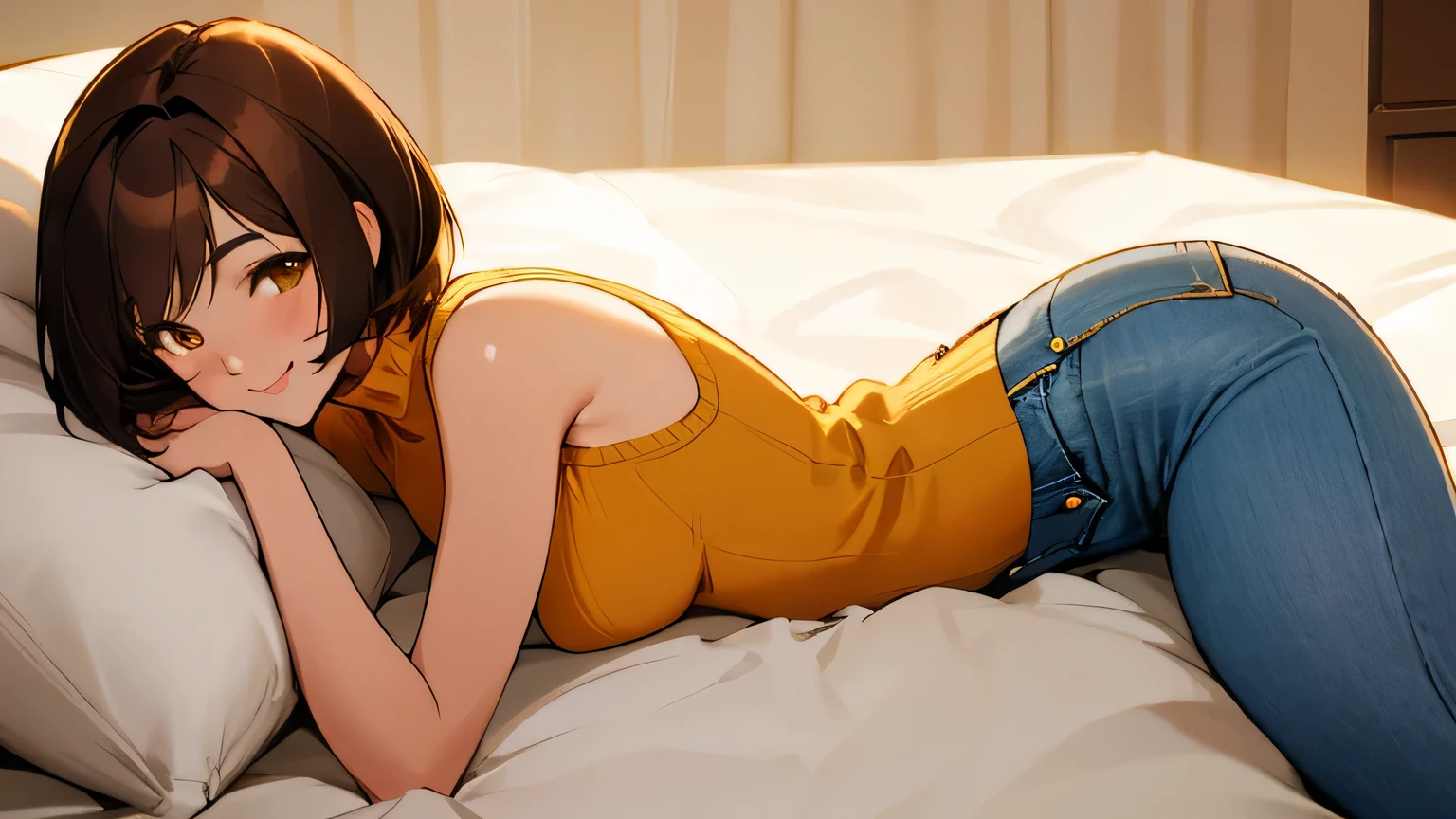 (Best quality, dynamic lighting, highly detailed) Brown haired young woman, mature, beautiful, bob hair, brown eyes, slim, medium-small breasts, yellow sleeveless knitted turtleneck, high waisted blue denim pants, laying down on the bed, smiling, arms up.