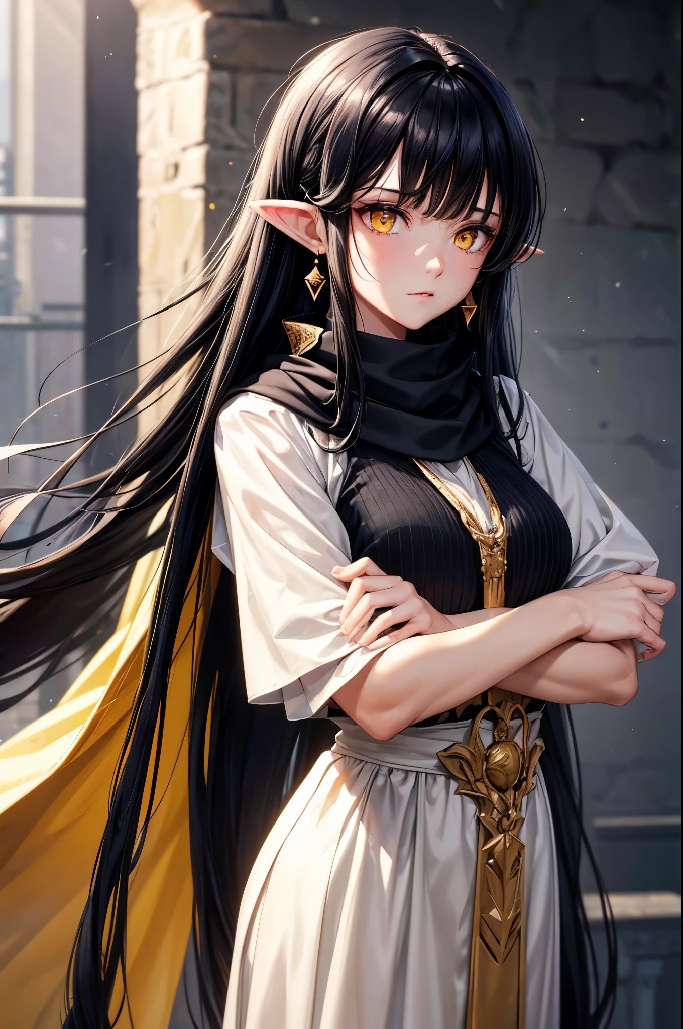 black hair, messy hair, side swept bangs, hair scarf, yellow eyes, ringed eyes, colored eyelashes, pointy ears, long pointy ears, earrings, wide shot, lens flare, anime style, chiaroscuro, depth of field, god rays, UHD, high details, best quality, highres, 4K, award winning, high quality, textured skin, super detail, masterpiece, simple medieval clothes,