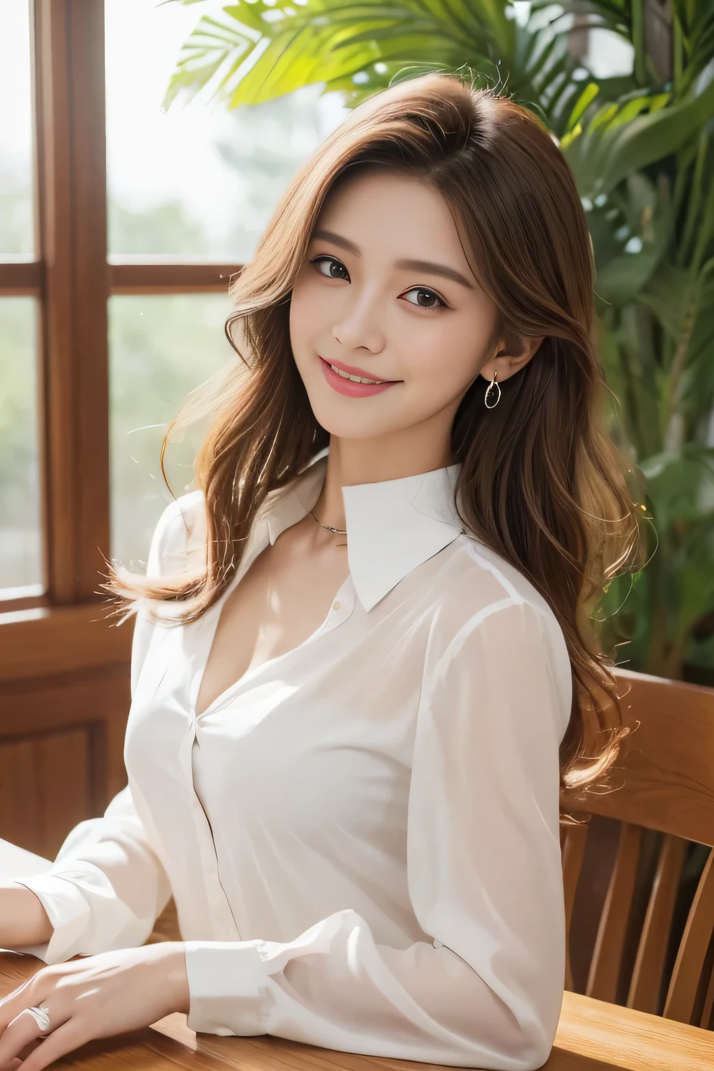 ((highest quality, 8K, table top: 1.3)), sharp: 1.2, perfect body beauty: 1.4, slim abs: 1.2, ((light brown long hairstyle,medium breasts: 1.2)), cleavage, (pale white long shirt: 1.1), Highly detailed face and skin texture, fine eyes, double eyelid, View from the side looking at the camera, innocent, (Excited: 1.3)、cute smile、big earrings、No sleeve、See-through shirt with collar、long hair、hair swaying in the wind、