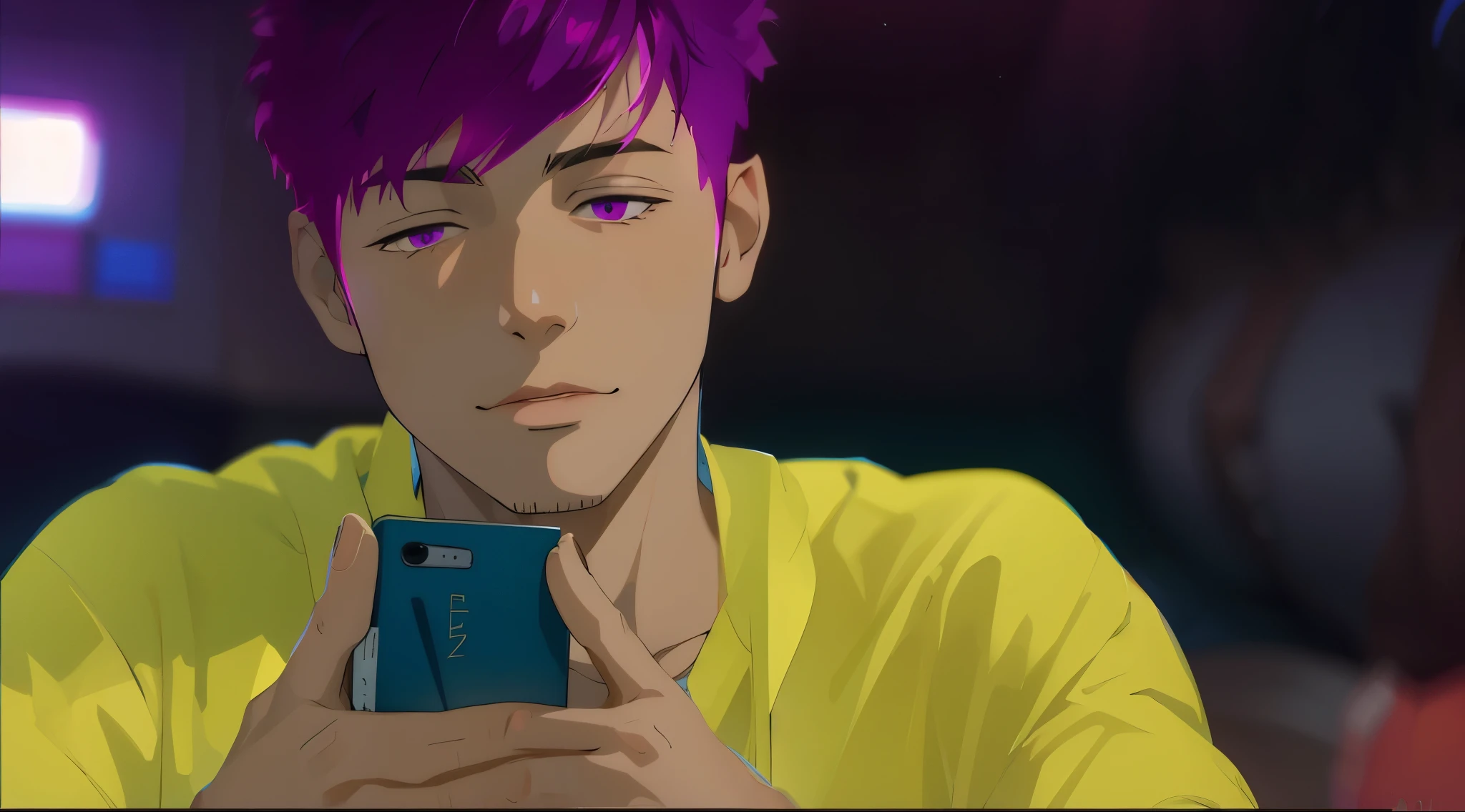 hay un lindo chico con cabello de violeta morado