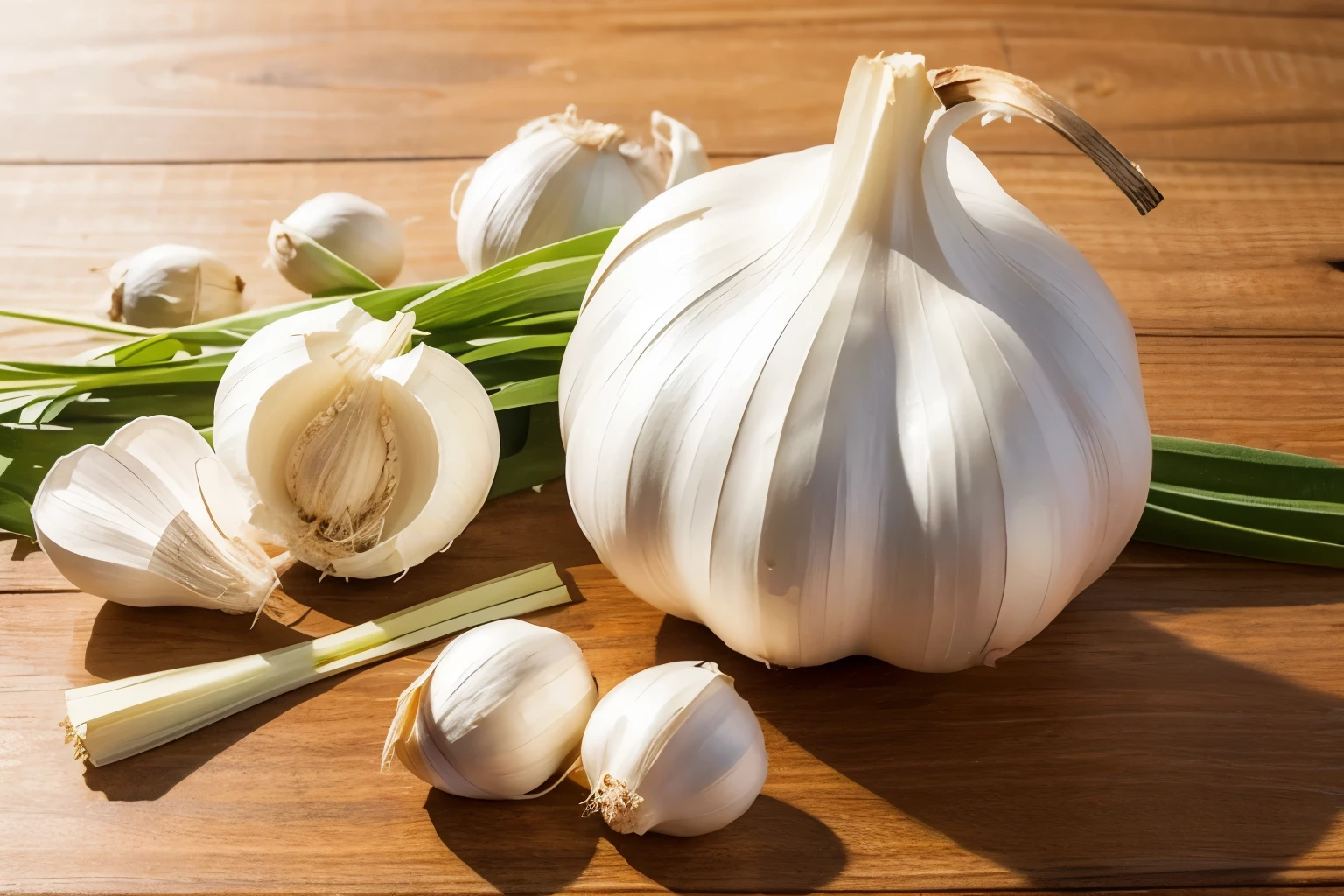 A garlic,There are garlic cloves without skin on the side。