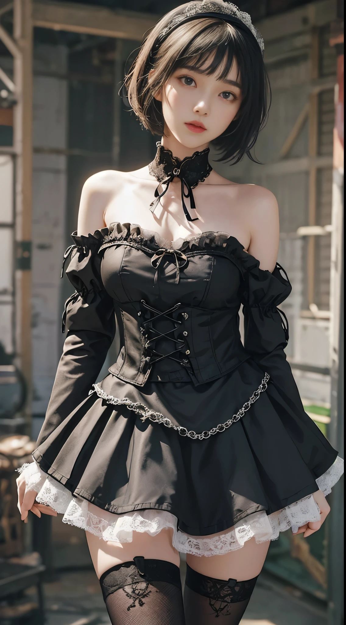 (((masterpiece, highest quality, Super detailed))), 1 female, (((very thin body))) , (((length, thin legs))), (((black short bob, thick fluffy bangs ))), (((highly detailed face))), No cosmetics, small and thin nose, thin mouth with small lips, (((Very sharp focused eyes))), Precise pale gray eyes with large slits, shine like a jewel, length eyelashes, ((Highly decorative intricate mechanical steampunk fashion, Lace Flare Mini Skirt, above the knee lace stockings, Lace Off Shoulder ta Fashion, Overly decorative fashion)), Abandoned Night, Complex mechanized steampunk factory catches fire and explodes, (((Overall accuracy has been dramatically improved, creating a Super detailed and realistic image))), super realistic photos, women working in factories
