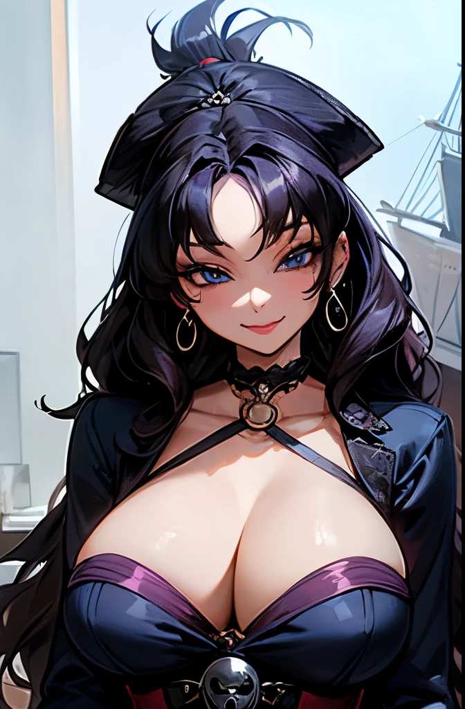 woman((30 years old)), hair((black, wavy)), blue eyes, bright cute eyes、Crowsex Maradores, long sleeve), accessories ((chocker, earrings)), huge breasts, Classic bedroom, pirate ship,coy smile,(saggy breasts)
