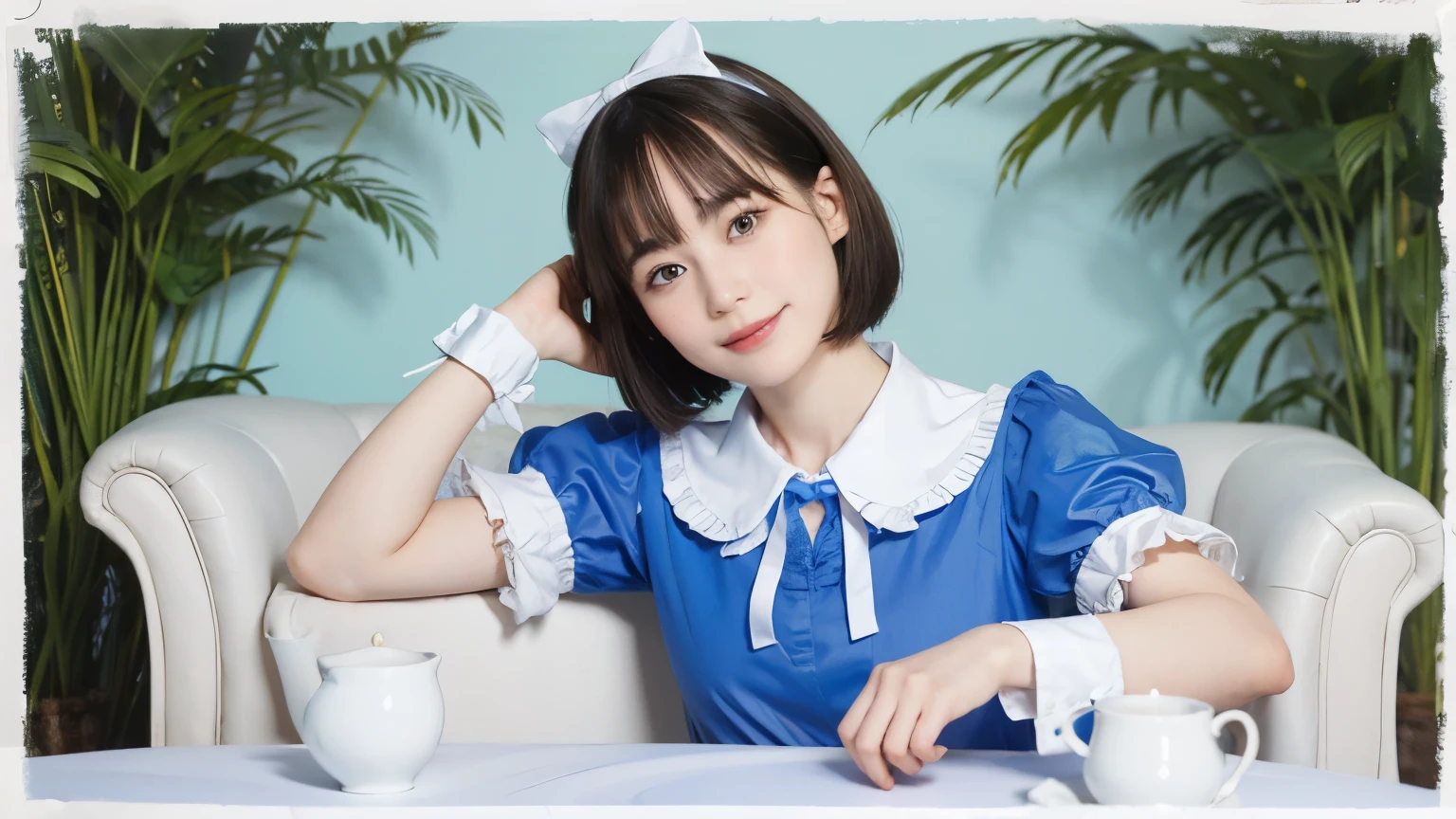 188 (alice in wonderland), (wears a big ribbon on his head), short hair, young woman, gentle smile