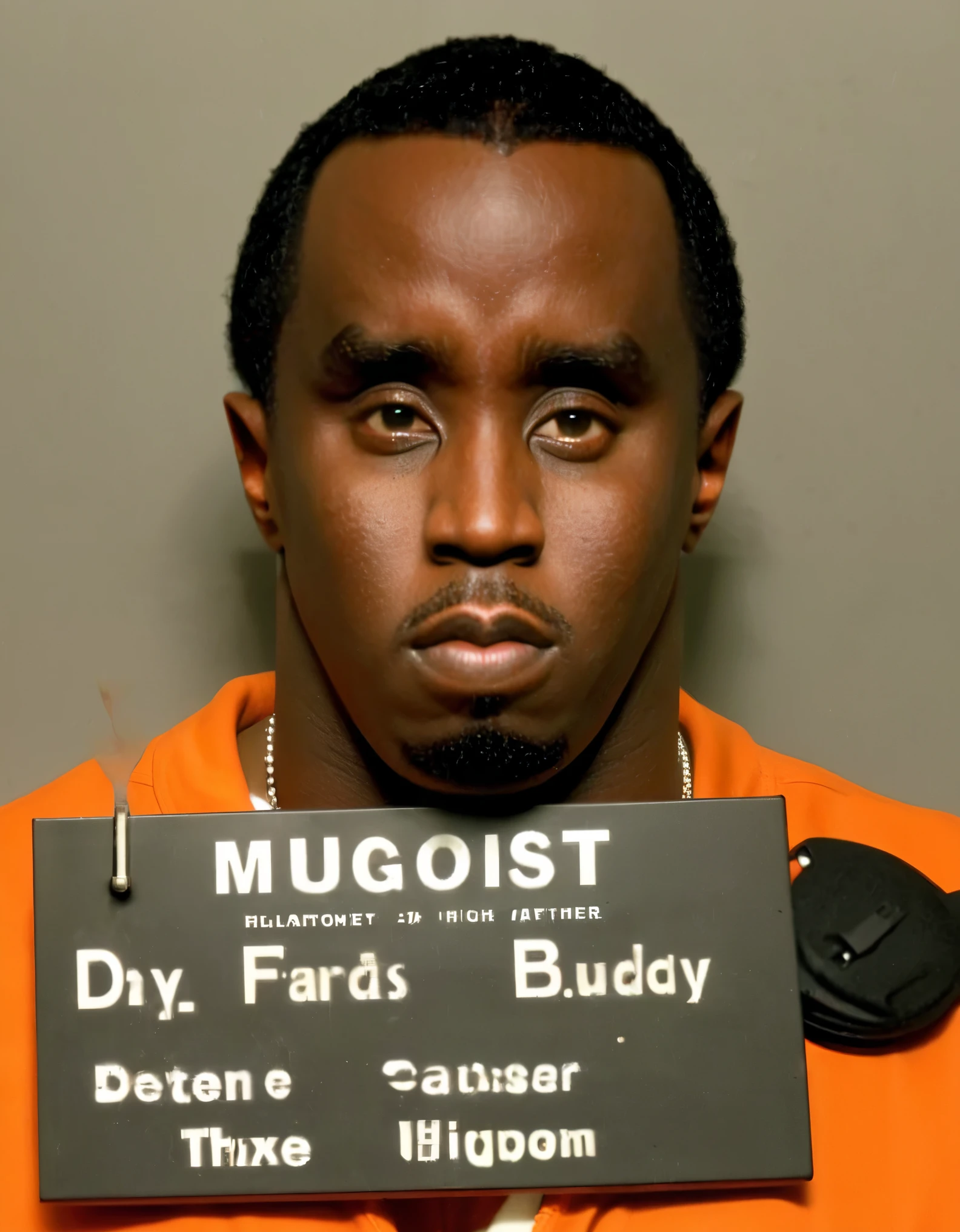 (mugshot:1.3) photo puffdiddy  (dark-background) (orange jumpsuit:.9) sign says ("DIDDY") sad-expression [(height-chart) in background] detailed-face (highres, detailed, high-quality, high-saturation)