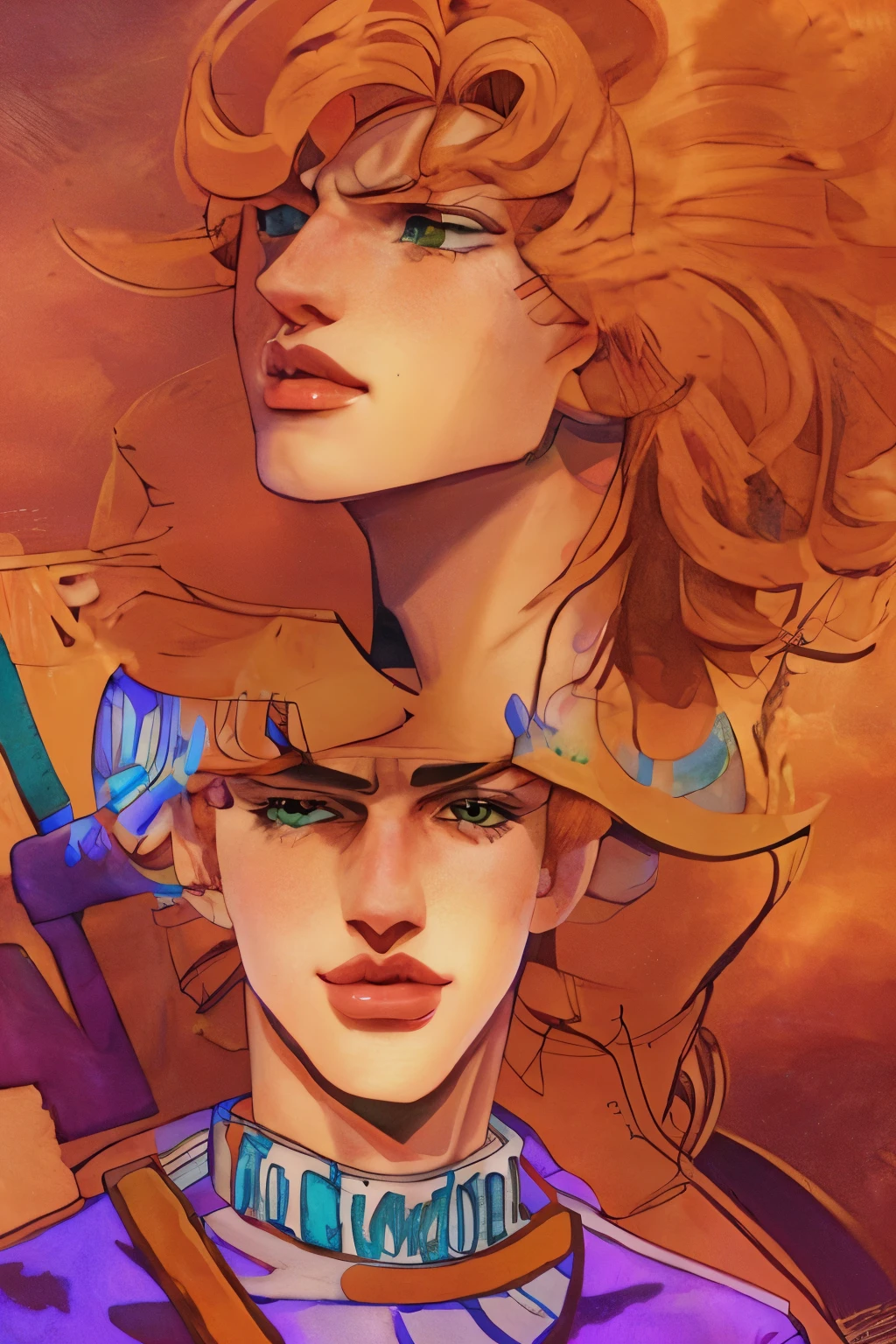 mostly shirtless, orange outfitted redheaded high-schooler in a bright orange top hat, willy-wonka-core, in Yellowstone national park, is a young gene wilder in jojo art style