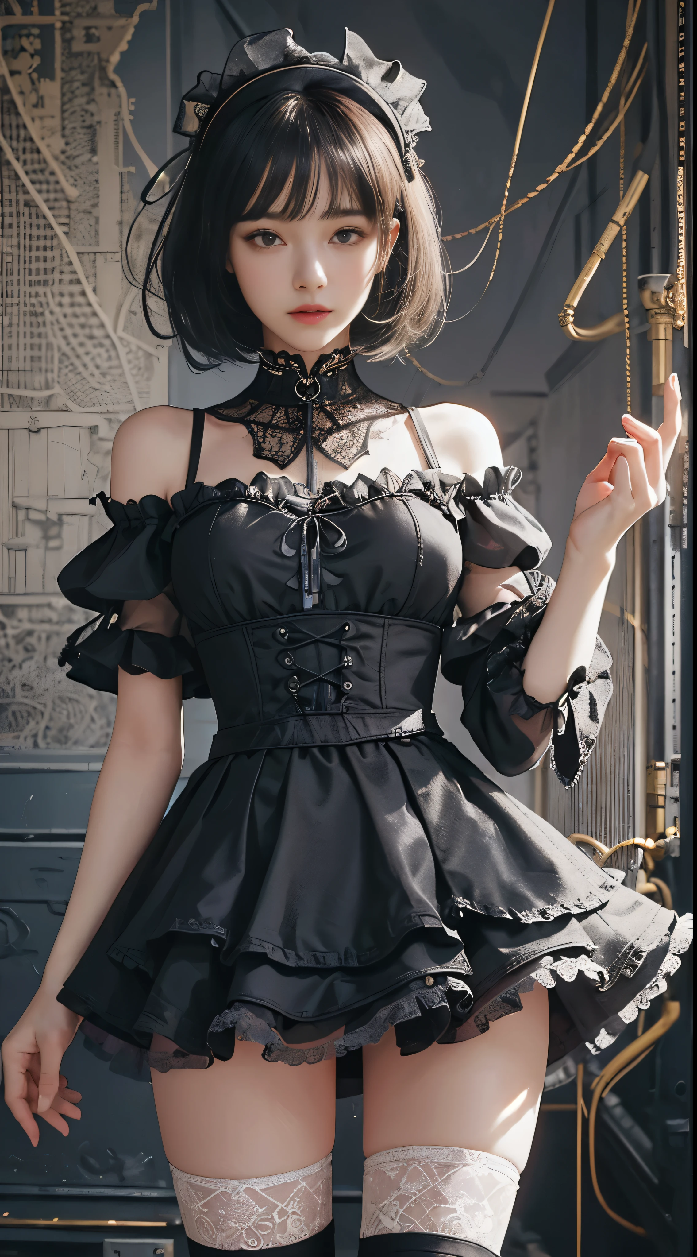 (((masterpiece, highest quality, Super detailed))), 1 female, (((very thin body))) , (((length, thin legs))), (((black short bob, thick fluffy bangs ))), (((highly detailed face))), No cosmetics, small and thin nose, thin mouth with small lips, (((Very sharp focused eyes))), Precise pale gray eyes with large slits, shine like a jewel, length eyelashes, ((Highly decorative intricate mechanical steampunk fashion, Lace Flare Mini Skirt, above the knee lace stockings, Lace Off Shoulder Lolita Fashion, Overly decorative fashion)), Abandoned Night, Complex mechanized steampunk factory catches fire and explodes, (((Overall accuracy has been dramatically improved, creating a Super detailed and realistic image))), super realistic photos, women working in factories