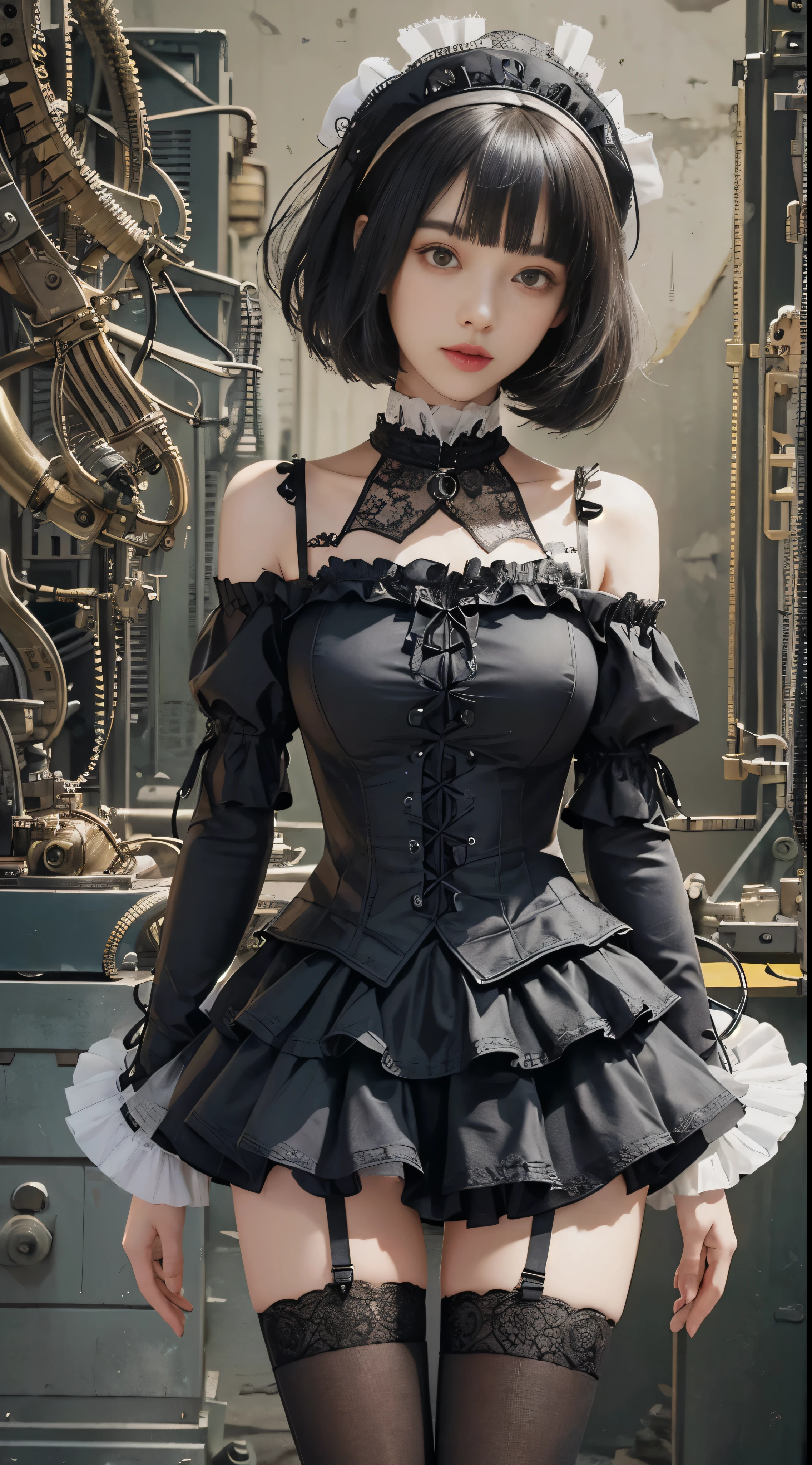 (((masterpiece, highest quality, Super detailed))), 1 female, (((very thin body))) , (((length, thin legs))), (((black short bob, thick fluffy bangs ))), (((highly detailed face))), No cosmetics, small and thin nose, thin mouth with small lips, (((Very sharp focused eyes))), Precise pale gray eyes with large slits, shine like a jewel, length eyelashes, ((Highly decorative intricate mechanical steampunk fashion, Lace Flare Mini Skirt, above the knee lace stockings, Lace Off Shoulder Fashion, Overly decorative fashion)), Abandoned Night,mplex mechanized steampunk factory catches fire and explodes, (((Overall accuracy has been dramatically improved, creating a Super detailed and realistic image))), super realistic photos, women working in factories