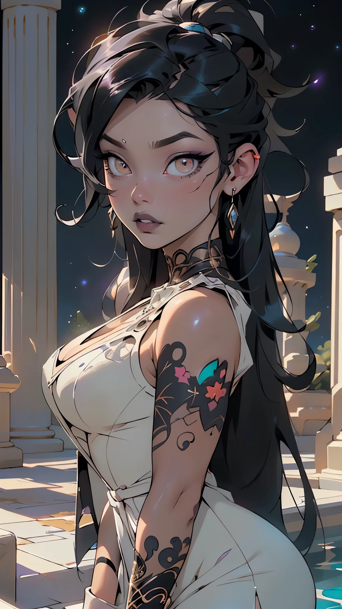goth girl,(((1girl))),((extremely cute and beautiful black haired anime goth girl)),(((16 years old))),

(large breasts:1.2),((((black wavy hair:1.35,absurdly long unkempt hair,messy hair,colored inner hair,ear breathing)))),((heterochromia:1.5, (purple_eye and red_eye))),intricate eyes,beautiful detailed eyes,symmetrical eyes,Big eyes:1.5,((fat)),(((lustrous skin:1.5,bright skin: 1.5,skin tanned,shiny skin,very shiny skin,shiny body,plastic glitter skin,exaggerated shiny skin,illuminated skin))),(spider lower abdomen,narrow waist,wide hip,athletic body,inflated legs,thick thighs,detailed body,(detailed face)),

cute,slutty,seductive,erotic,(nsfw),

revealing clothing,show skin,(((Black Eyeshadow,Thick Black Eyeliner,Long Dramatic Eyelashes,Black Lips,Goth Accessories,intricate makeup))),((purple bioluminescent dress)),

(dynamic pose:1.0),embarrassed,(centered,scale to fit dimensions,Rule of thirds),

((starry night background), nebula, aurora),((beautiful bath house made of greek marble and pillars, beautiful clear water in pool)),scenery:1.25,((intricate scenery)),((greek temple background)),

(Glossy greek ornaments),highres,sharp focus,(ultra detailed,extremely detailed),(photorealistic artwork:1.37),(extremely detailed CG unity 8k wallpaper),(((vibrant colors,vibrant theme))),(intricate),(masterpiece),(best quality),artistic photography,(photography taken by sldr),(intricate background),perfect rendered face,perfect face details,realistic face,photo realistic,((intricate detail)),(((realism))),
