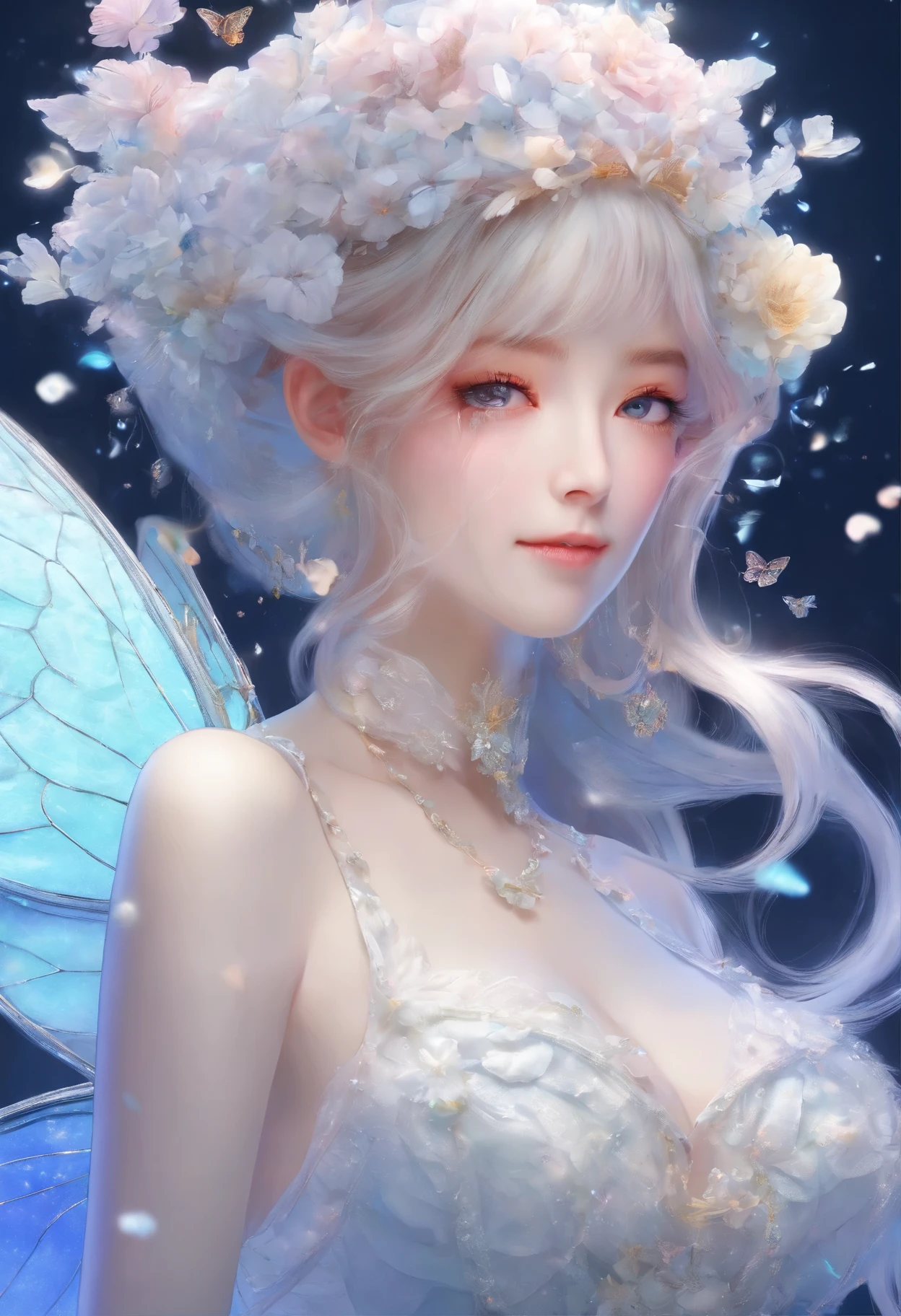 (8K, Raw photo, highest quality, ((from below:1.2)), ((masterpiece:1.2)), realistic, ultra high resolution, high contrast, photon mapping, Bright colors, real, super detailed, official art, RAW photo, professional lighting, light, Vibrant atmosphere, High-definition CG, Unity8k, ((highest quality, 8k, masterpiece: 1.3)), Snazzy, a brilliant, shining sunlight, volume lighting, super detailed), Flowers covered with snow in midwinter々An anime girl in a fairy dress is seen rising up the winding path of the hill where flowers are blooming and butterflies are flying around., winter garden path, It's snowing, Colorful flowers are blooming, many different butterflies flying, Shining sunlight, bright scene, cute detailed digital art, full of vitality, I can smile, Makes you feel warm, slimy air feeling, high fantasy, One side is pure white, (magnificent composition, epic proportions), rainbow light, Guardian Nebula of Silver Vapor, Corrosive envelope ray family,