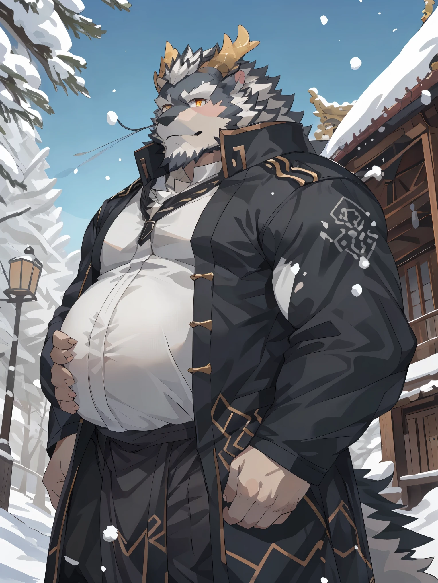 (black skin oriental dragon),(Black and White Yin Yang General Nude Kimono),Strong stance,stand calmly,(The background is a city covered in ice and snow:1.2),abdomen ,heroic posture飒爽,perfect masterpiece,Various facial details,distance perspective,specific description,masterpiece,CG,(golden eyes),black and white pattern,dark purple tail,General,heroic posture,dragon,black and white fur,specific facial details,Half body,(Black and White Yin Yang General Combat Shoes),(Chang Ling),((middle aged)),(Face focus),(16K),HD,black and white belly,temple,beard,(Noodle),different students,(Black and white yin yang nude kimono),(black and white hair),Strong,muscle,(High resolution:1.3),(Standing in front of the snow-covered city),(close up),(Detailed face:1.5),Perfect details,(Half body),(Detailed depiction of face:1.5),(Zoom in on face:1.5),(White Noodle:1.2),(black beard:1.3),(white face;1.6),white body,fat body，penis，erect penis，Penis dripping with juice，naked penis，bare belly，Naked breasts，Thick white chest hair，Abdominal hair is white and thick，black and white fur