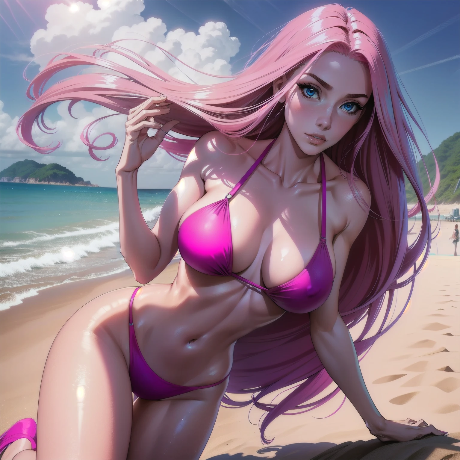 A woman alone, pink hair, long hair, blue eyes, at beach, perfect face, perfect body