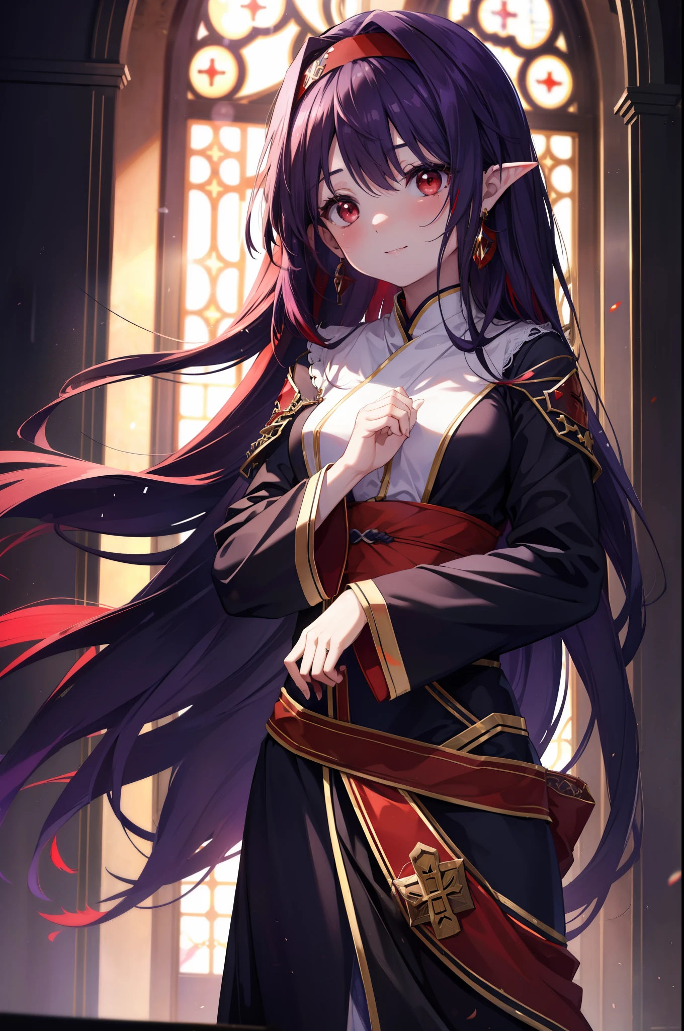 yuukikonno, Yuki Konno, hair band, long hair, pointed ears, purple hair, (red eyes:1.5), (small breasts:1.2), smile,blush,open your mouth,break habit, long sleeve, nun, robe,紫色 robe, wide sleeve,hands of prayer,
break looking at viewer, Upper body, full body,
break indoors, church,
break (masterpiece:1.2), highest quality, High resolution, unity 8k wallpaper, (figure:0.8), (detailed and beautiful eyes:1.6), highly detailed face, perfect lighting, Very detailed CG, (perfect hands, perfect anatomy),