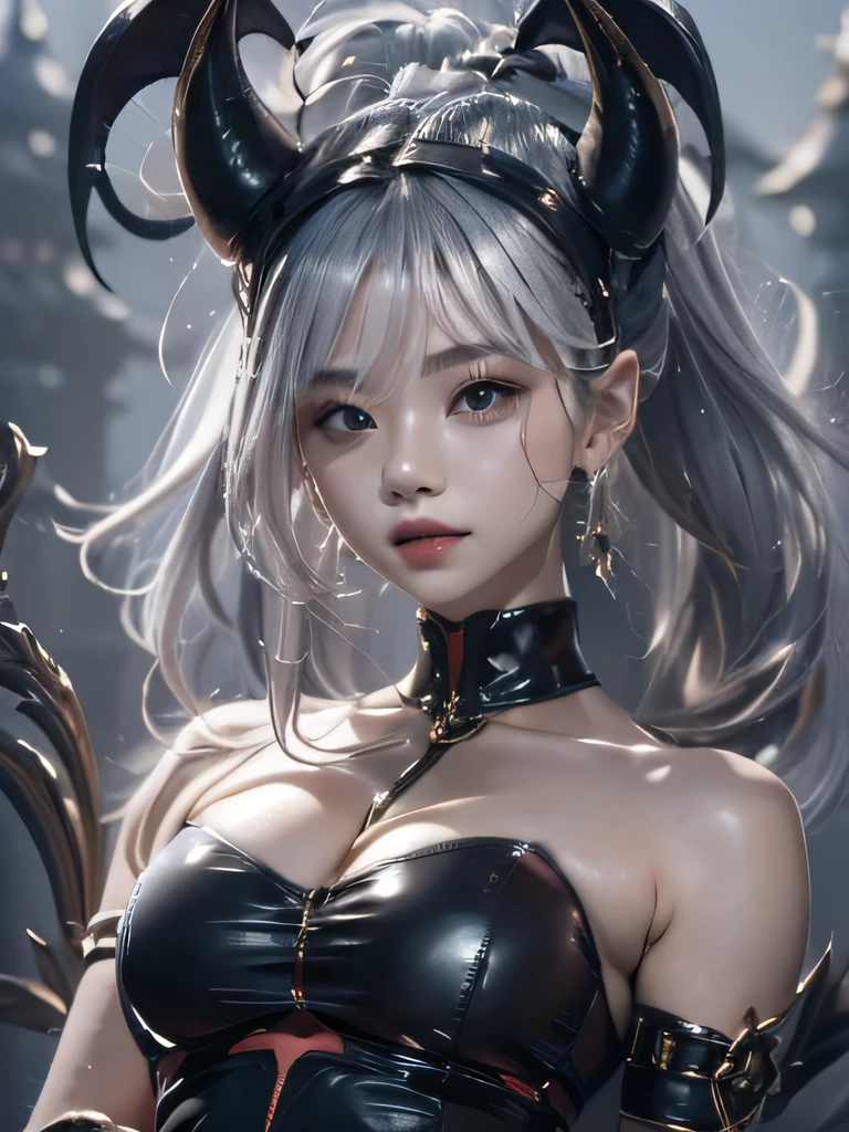 masterpiece, Raw photo，photorealism，High resolution，highest quality，High resolution, perfect composition, perfect face, perfect body, 16k，cinematic lighting，silver hair，Succubus，whip，latex，black，Charm，Demon's Castle Background、clavicle visible devil costume、close up of face、ponytail、close up of face、clavicle、earrings、