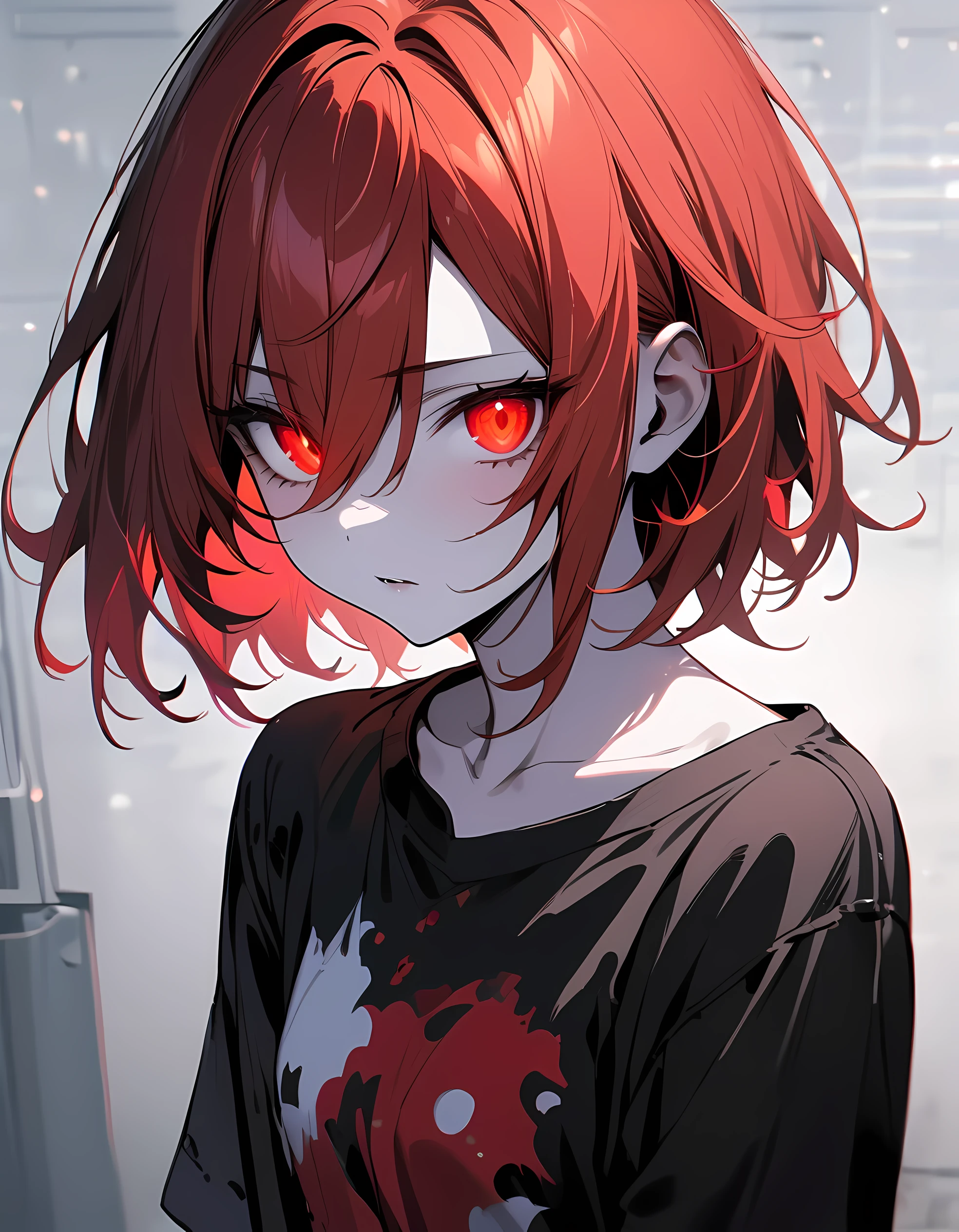 detailed, (masterpiece:1.2), (pale_skin:1.2), (solo:1.2), (female), slender, (glowing_eyes), (bright_eyes), short hair, shirt, red eyes, hair between eyes, red hair, multicolored hair, torn clothes, spiked hair, torn shirt