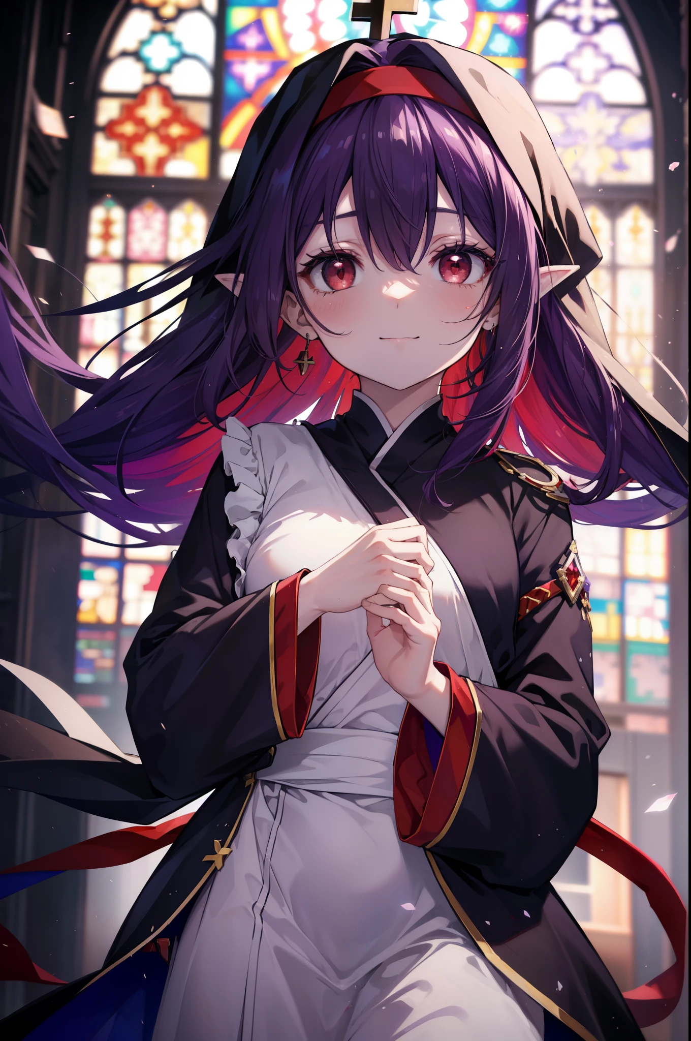 yuukikonno, Yuki Konno, hair band, long hair, pointed ears, purple hair, (red eyes:1.5), (small breasts:1.2), smile,blush,open your mouth,break habit, long sleeve, nun, robe,紫色 robe, wide sleeve,hands of prayer,
break looking at viewer, Upper body, full body,
break indoors, church,
break (masterpiece:1.2), highest quality, High resolution, unity 8k wallpaper, (figure:0.8), (detailed and beautiful eyes:1.6), highly detailed face, perfect lighting, Very detailed CG, (perfect hands, perfect anatomy),
