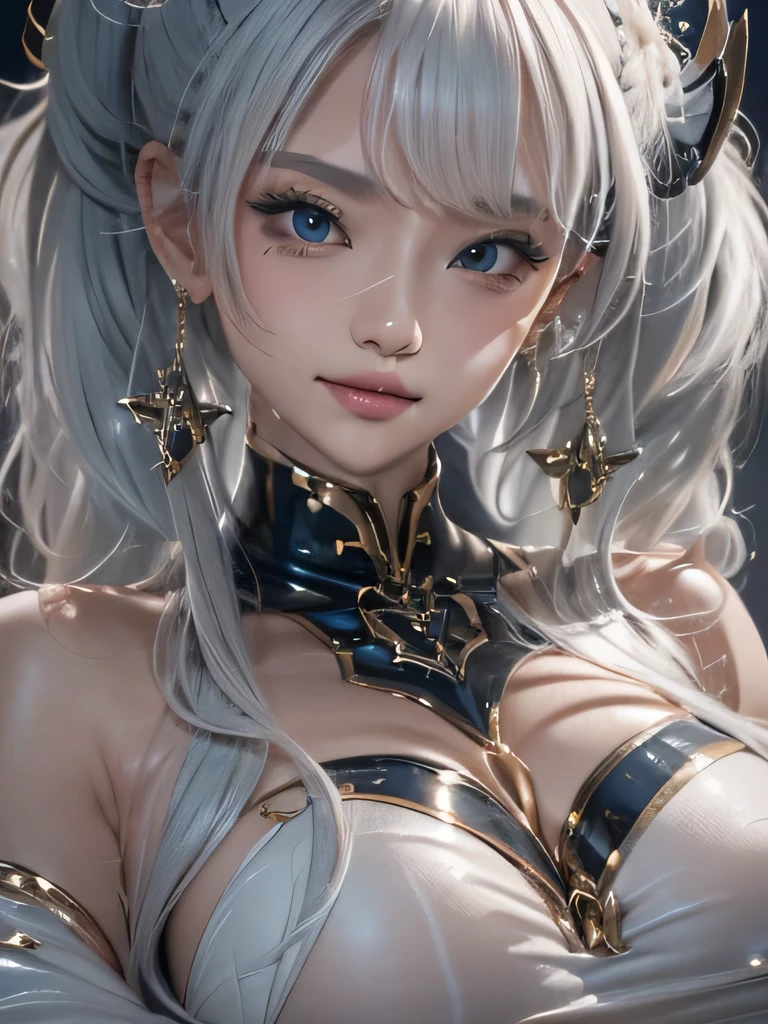 masterpiece, Raw photo，photorealism，High resolution，highest quality，High resolution, perfect composition, perfect face, perfect body, 16k，cinematic lighting，silver hair，Succubus，whip，latex，black，Charm，Demon's Castle Background、clavicle visible devil costume、close up of face、ponytail、close up of face、clavicle、earrings、