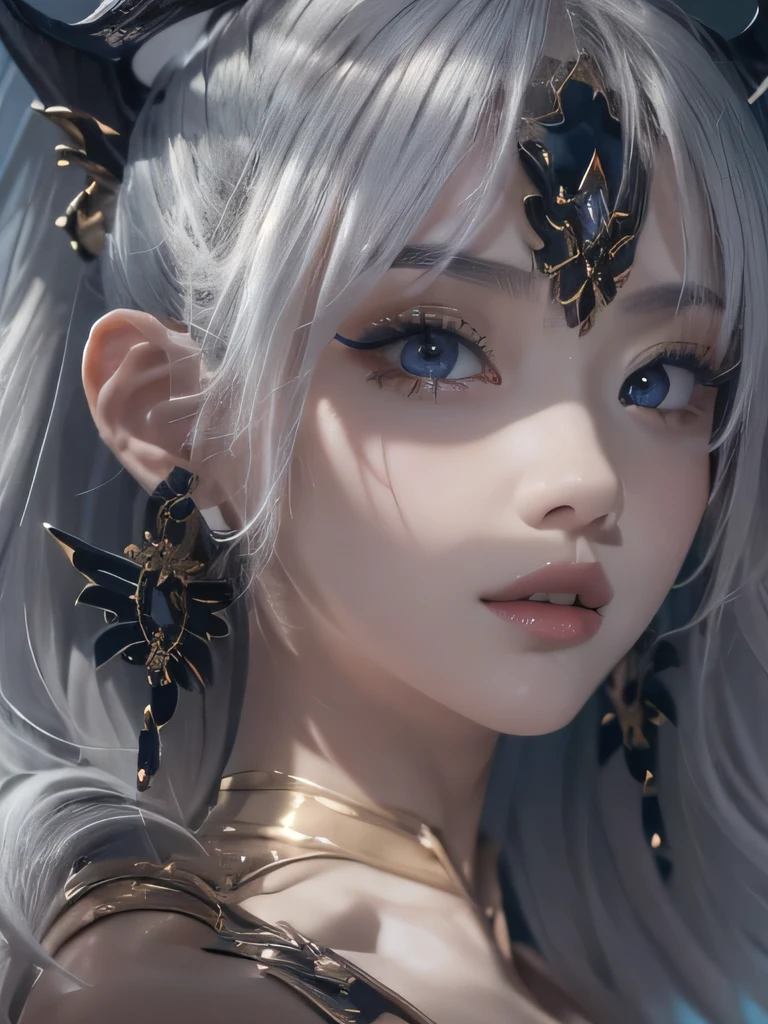 masterpiece, Raw photo,photorealism,High resolution,highest quality,High resolution, perfect composition, perfect face, perfect body, 16k,cinematic lighting,silver hair,Succubus,whip,latex,black,Charm,Demon's Castle Background、clavicle visible devil costume、close up of face、ponytail、close up of face、clavicle、earrings、