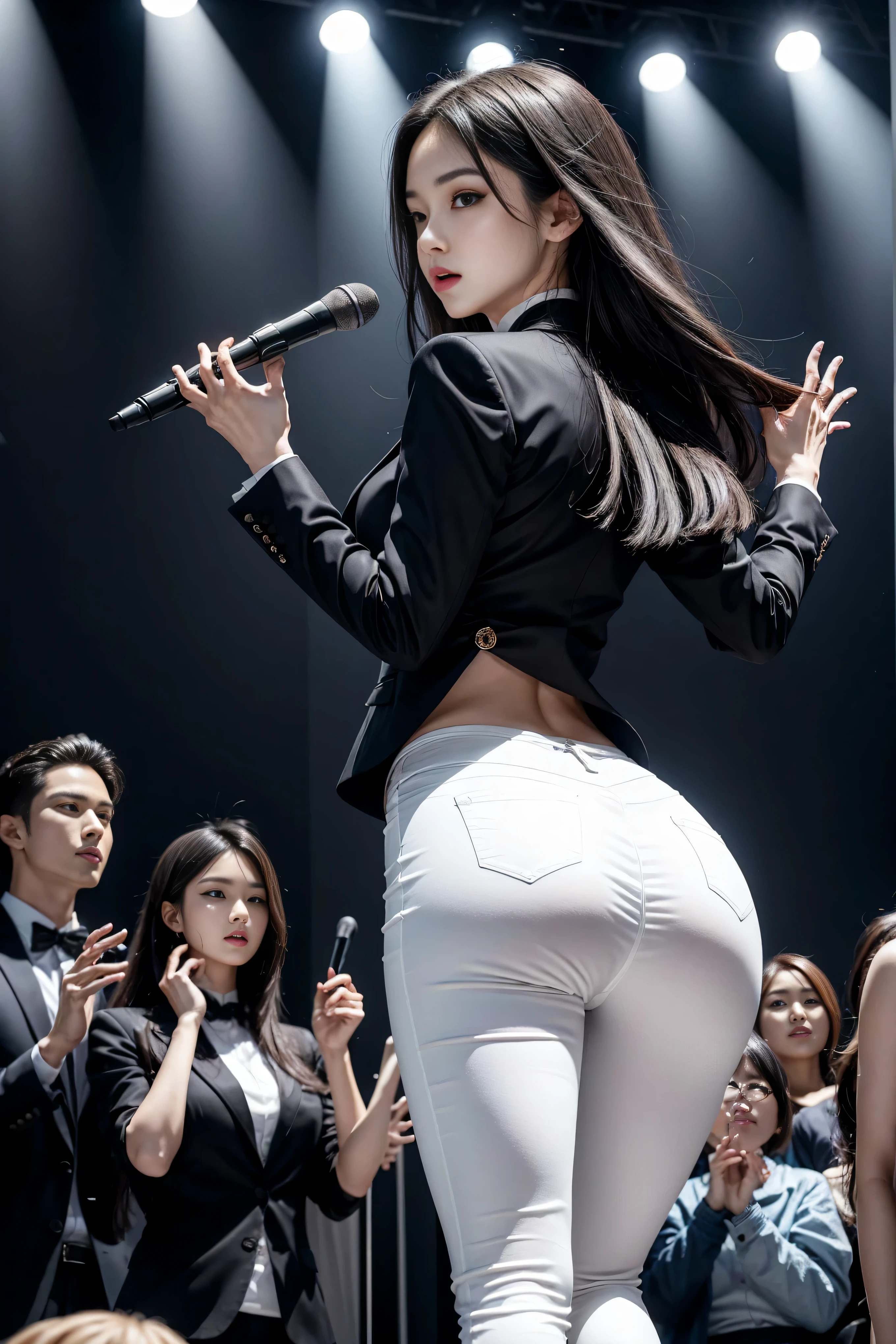 (8k,best quality,masterpiece,practical,super detailed:1.3),(1 girl,beautiful korean girl, kpop idol),(black suit jacket:1.2),(White skinny trousers:1.1),(serious expression:1.2)discuss,(speech,handheld microphone:1.2)(crowd,audience:1.3),Sexy long legs, (thigh gap:1.5),wide hips,S-shaped body, Buttocks raised,,black hair,(ass focus:1.1)shot from behind