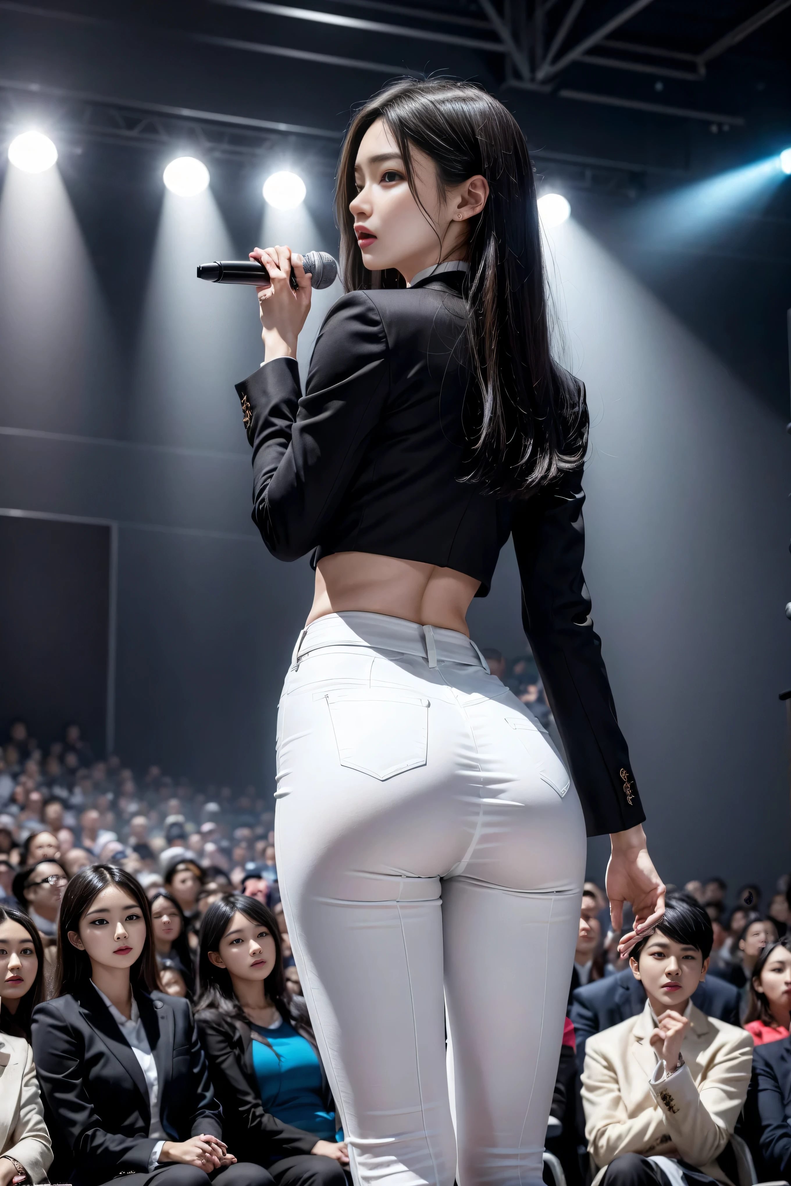 （8k，best quality，masterpiece，practical，super detailed：1.3），（1 girl，beautiful korean girl, kpop idol），（black suit jacket：1.2），（White skinny trousers：1.1），（serious expression：1.2）discuss，（speech，handheld microphone：1.2）（crowd，audience：1.3），Sexy long legs， （thigh gap：1.5），wide hips，S-shaped body， Buttocks raised，，black hair，（ass focus：1.1）shot from behind