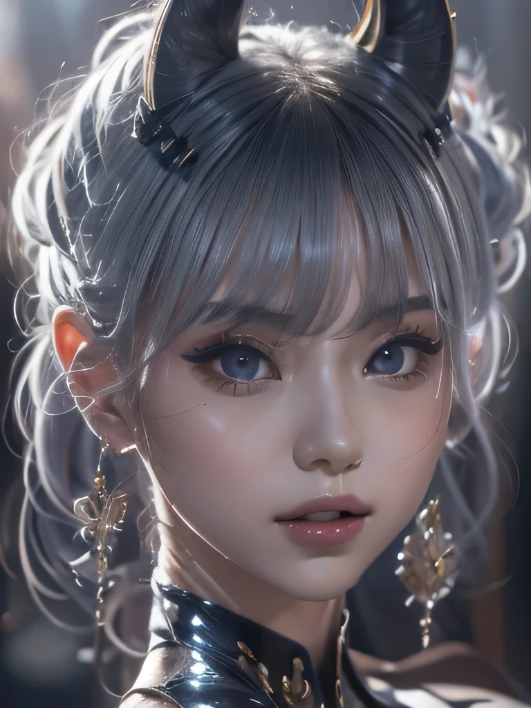 masterpiece, Raw photo,photorealism,High resolution,highest quality,High resolution, perfect composition, perfect face, perfect body, 16k,cinematic lighting,silver hair,Succubus,whip,latex,black,Charm,Demon's Castle Background、clavicle visible devil costume、close up of face、ponytail、close up of face、clavicle、earrings、