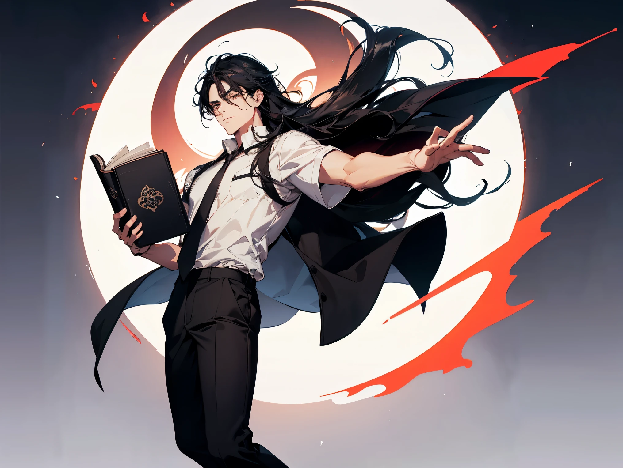 1 man, teacher, wearing white shirt, rolled up sleeves, side perspective, black long pants, black hair, long hair, face to detail, detailed eyes, white eyes, with no expression, red tie, the background is yin and yang in china, a book flying in front of him.