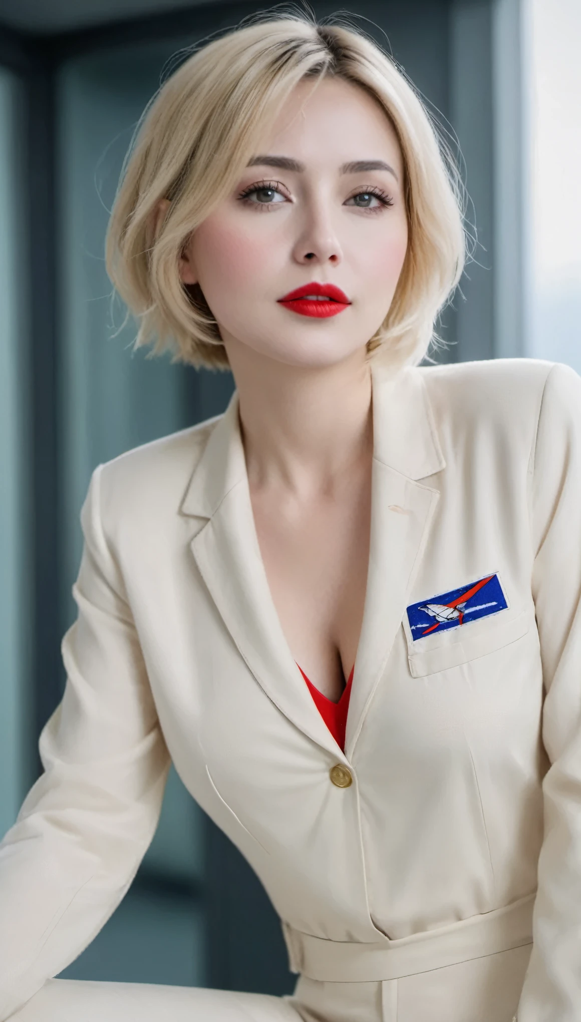 (((surreal woman)))、((very beautiful 30 year old white woman))、(((Big big cleavage)))、future female pilots、
short hair、blonde mature、Chubby body type、beautiful expression、fine scarlet eyes、stay on a huge space station、red lips、((wear a red flight suit))、(((alone)))、