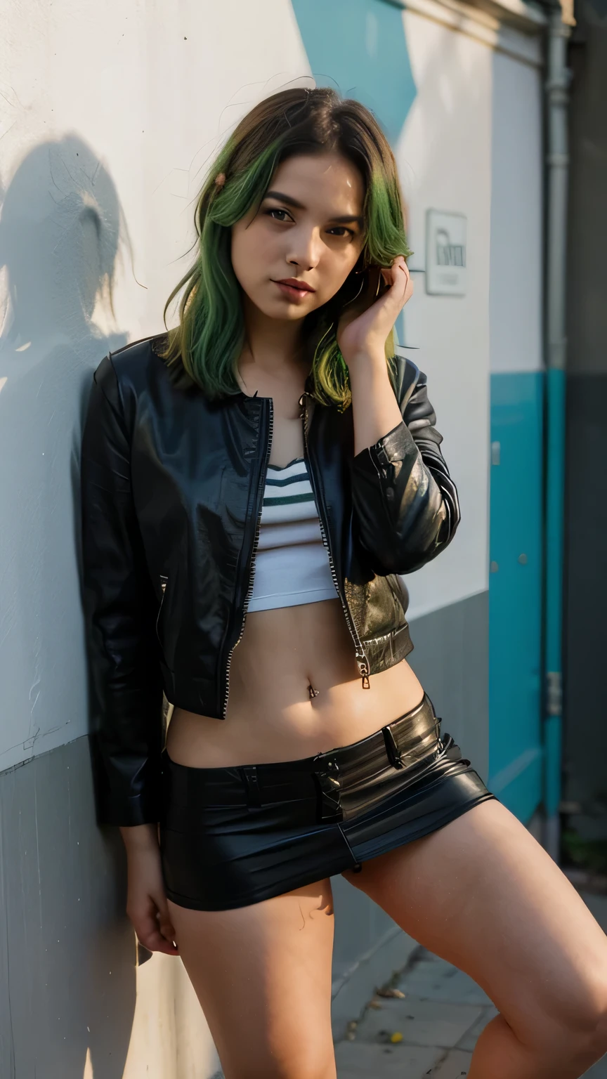 1girls, Nur, green Hair , 24 years old , 4. Wear a black leather jacket and a mini skirt.
5. Pose in front of a striped wall in a classic stance.