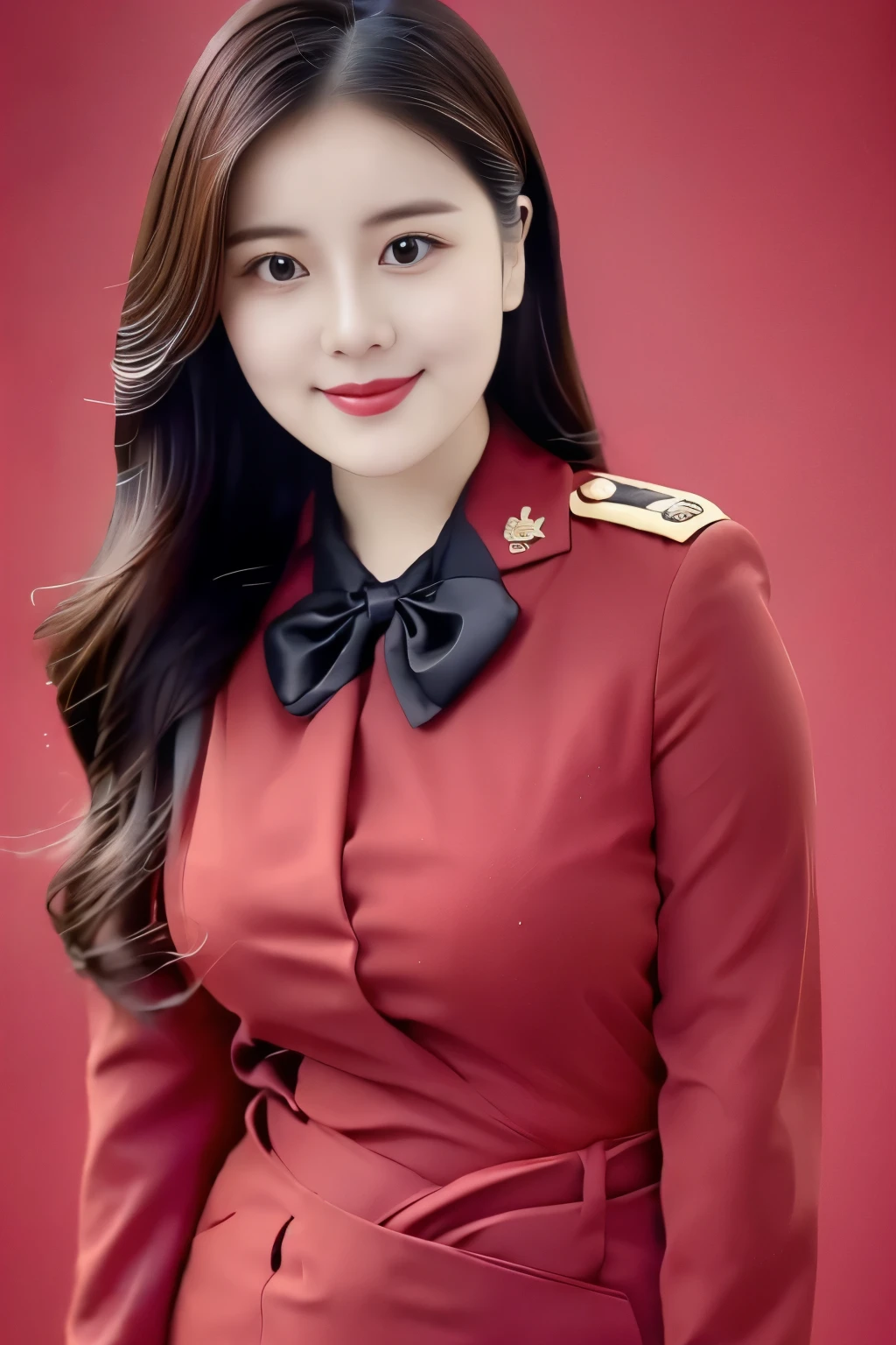 (top quality、8k、masterpiece:1.3))、30-year-old Korean woman,sharp focus, High level of image quality, high resolution,facial focus,Portrait ID photo,Upper body photo。Draw lips correctly, red lipstick,Wearing red military uniform,red bow tie,。wavy long hair,Mature,charming smile,Pink warm color background,solid color background
