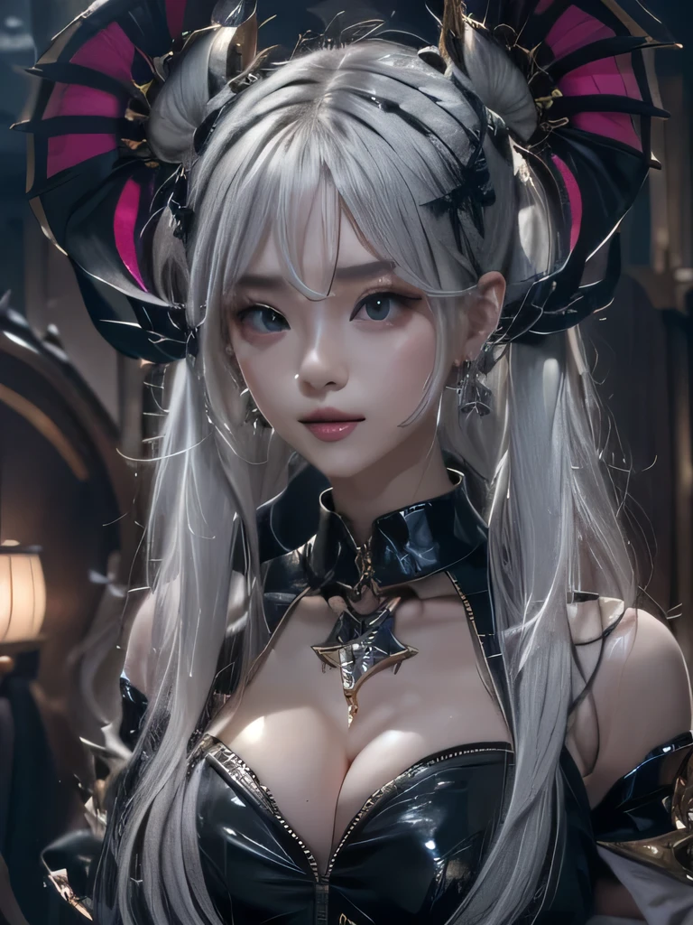 masterpiece, Raw photo,photorealism,High resolution,highest quality,High resolution, perfect composition, perfect face, perfect body, 16k,cinematic lighting,silver hair,Succubus,whip,latex,black,Charm,Demon's Castle Background、clavicle visible devil costume、close up of face、twin tails、close up of face、clavicle、earrings、