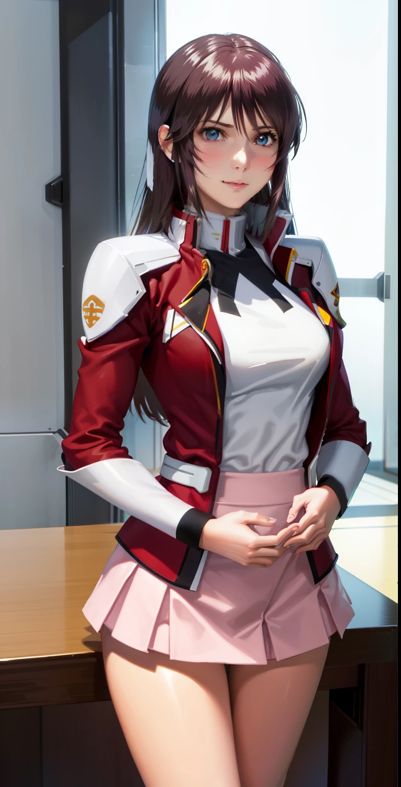 1 girl,real person,real photo,realistic, Lunamaria Hawke、, zaft uniform、elegant, table top, Complex, パンツが見える超ミニskirtのアーミーピンクの制服ドレス、超ミニskirt、smile、 You can see the pants in a miniskirt、white panties、realistic, highest quality, With White Base and Mobile Suit Gundam in the background、absurd, high facial detail, perfect eyes, 18-year-old, cowboy shot, realization、, Bright colors, pink uniform, skirt